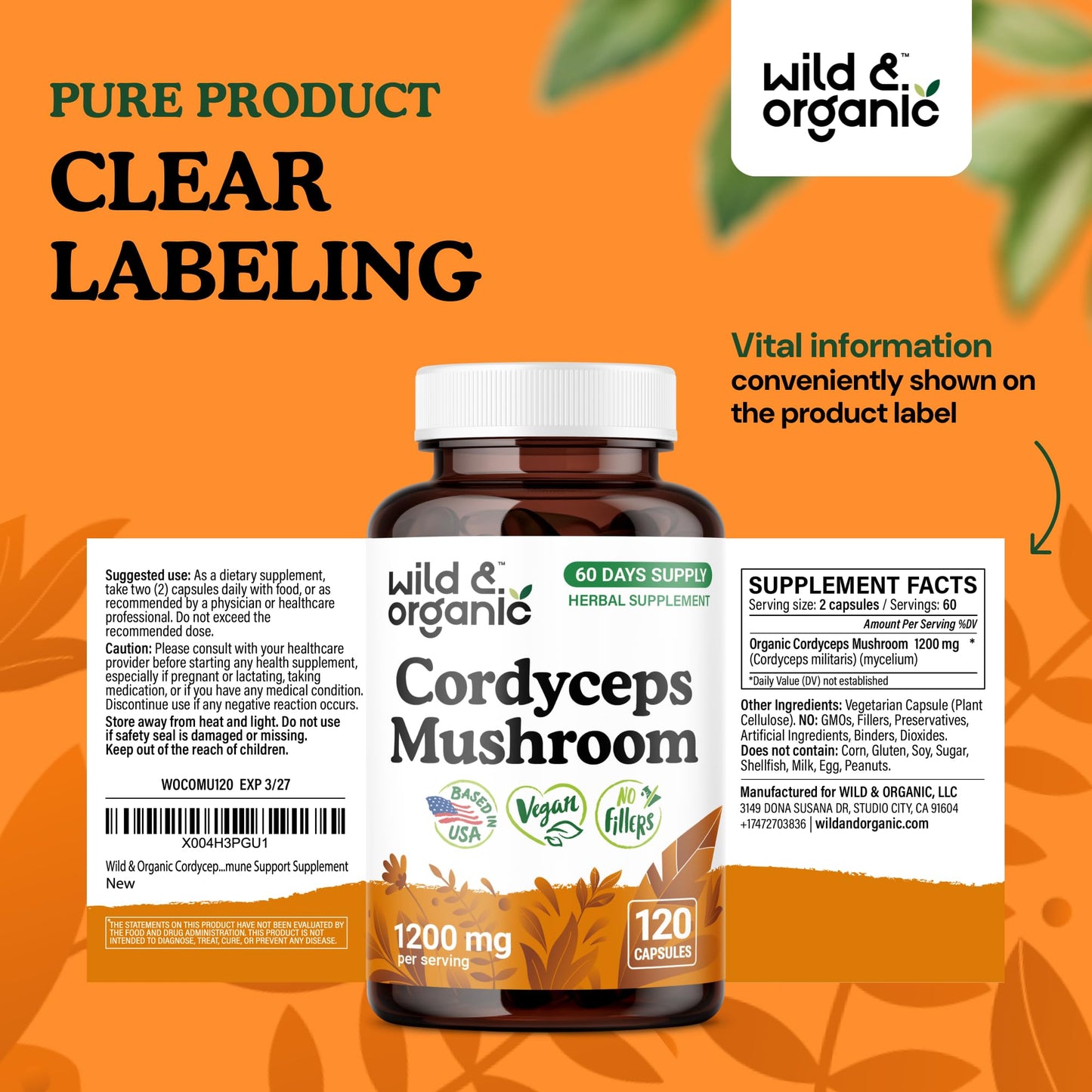 Wild & Organic Cordyceps 1200 mg Capsules โ Immune Support, Vegan, 120 Count