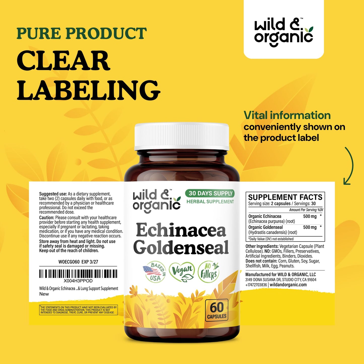 Wild & Organic Echinacea + Goldenseal Capsules โ Immune & Lung Support | 60 Count