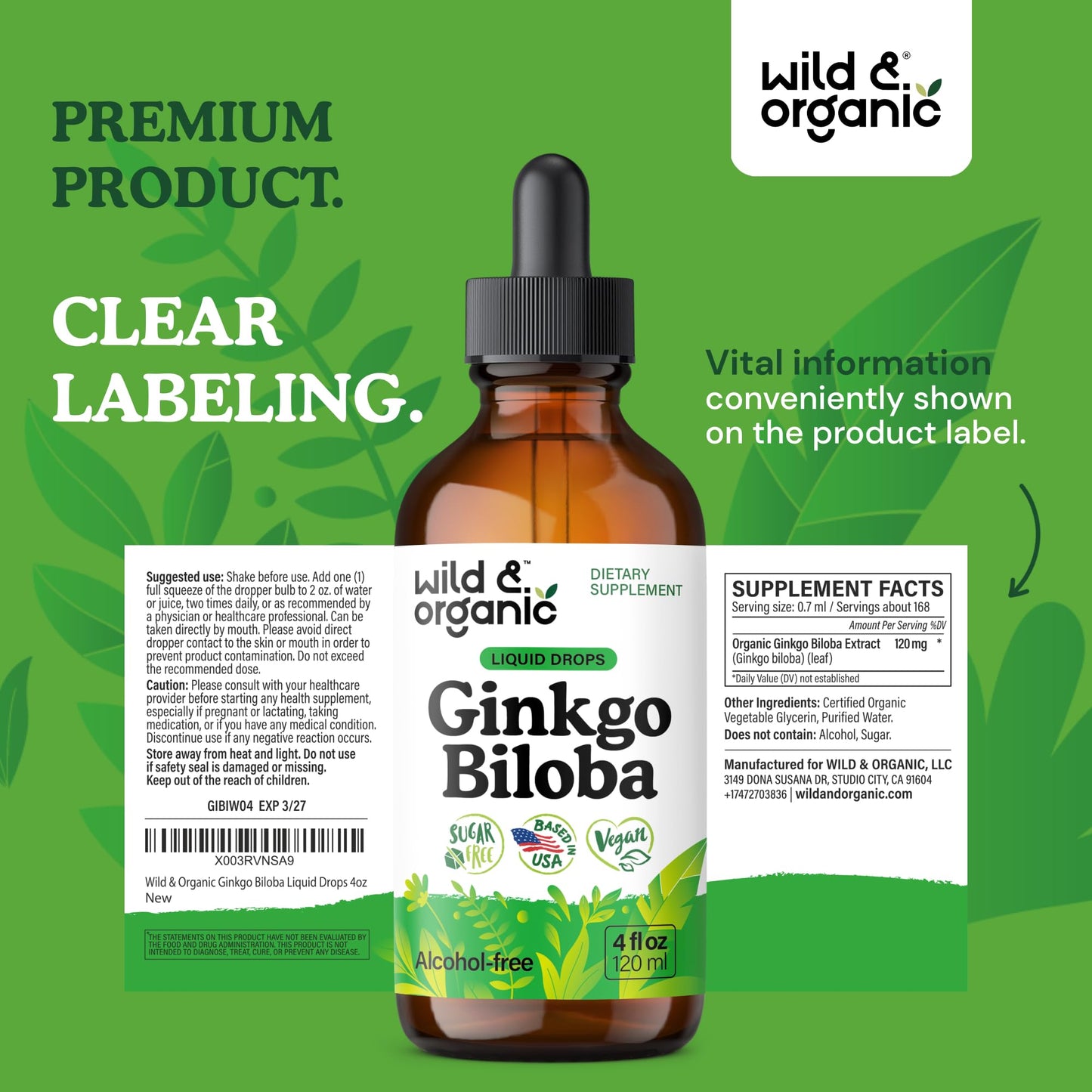 Wild & Organic Ginkgo Biloba Drops โ Brain & Focus Support | 4 fl oz | Vegan, Alcohol-Free