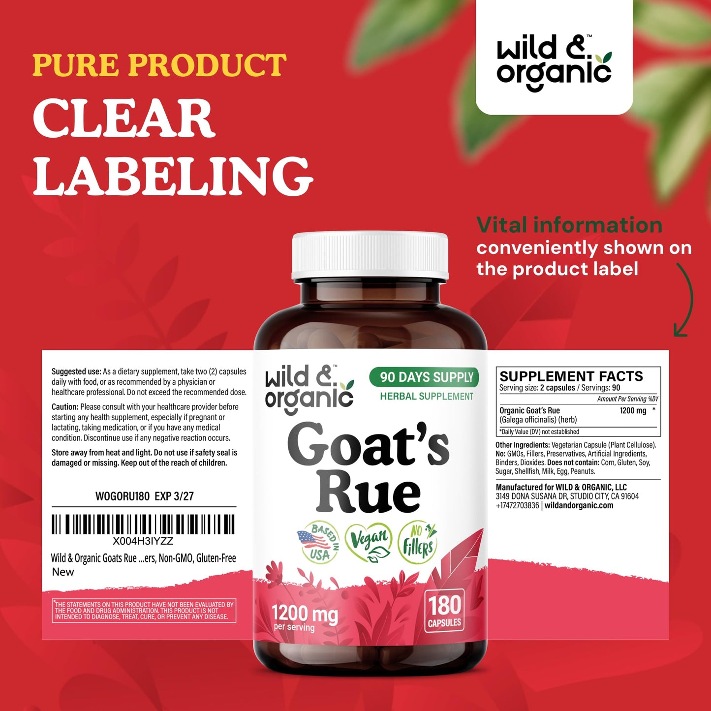 Wild & Organic Goat's Rue Capsules 1200 mg โ Lactation Support, Vegan, 90-Day Supply