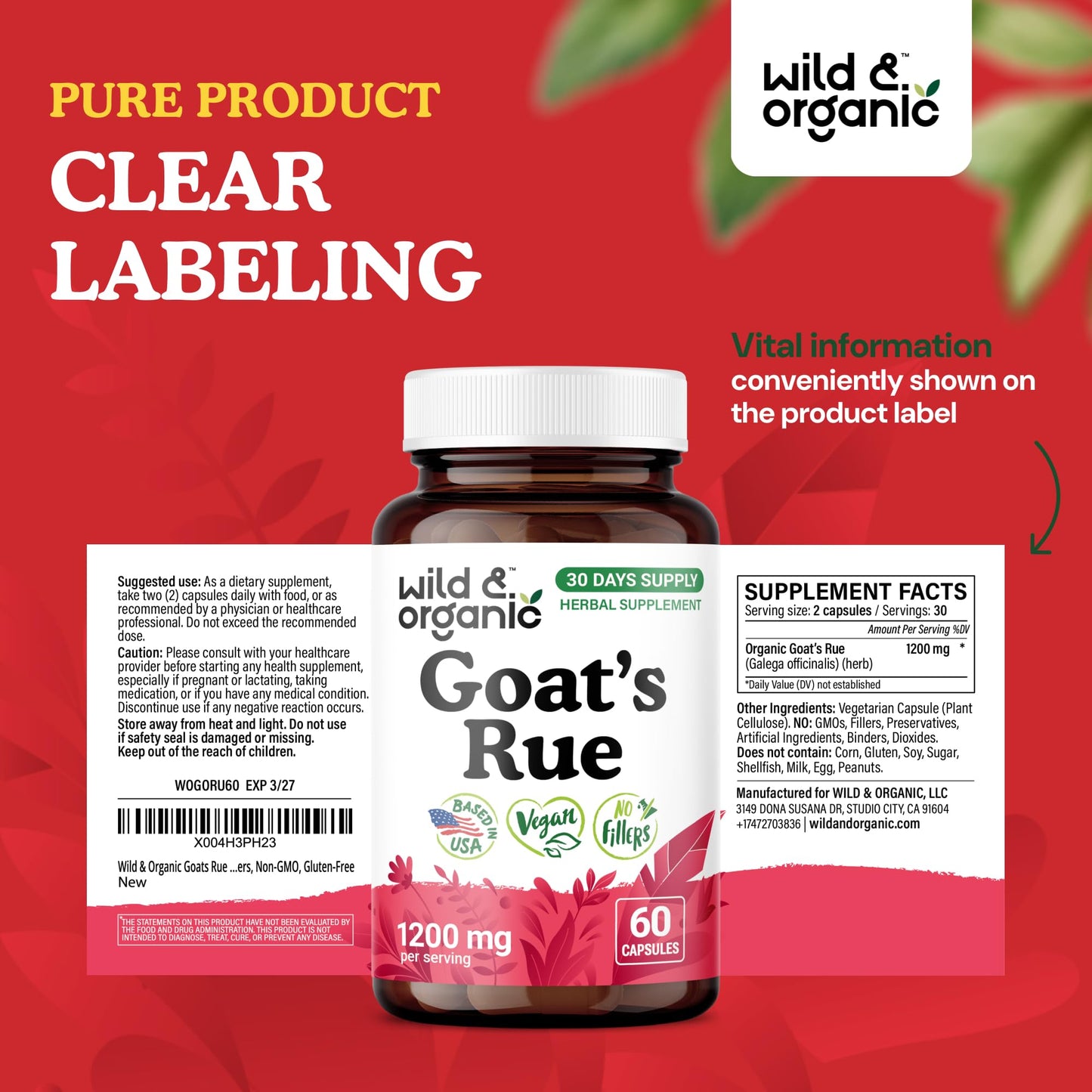 Wild & Organic Goat's Rue Capsules 1200 mg โ Lactation Support, 60 Vegan Capsules