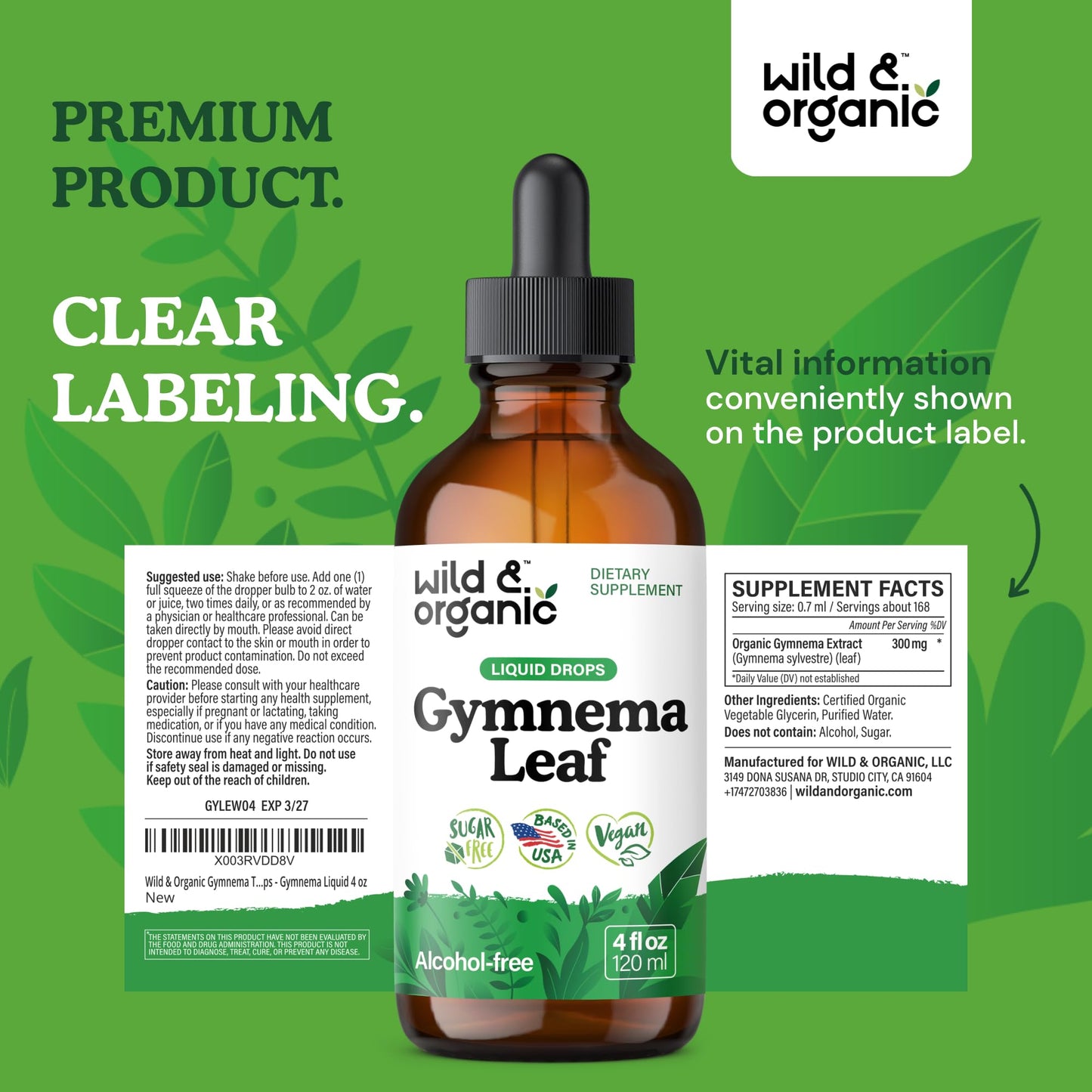 Wild & Organic Gymnema Sylvestre Extract Drops โ Sugar-Free, Alcohol-Free, Vegan (2 x 4 oz)