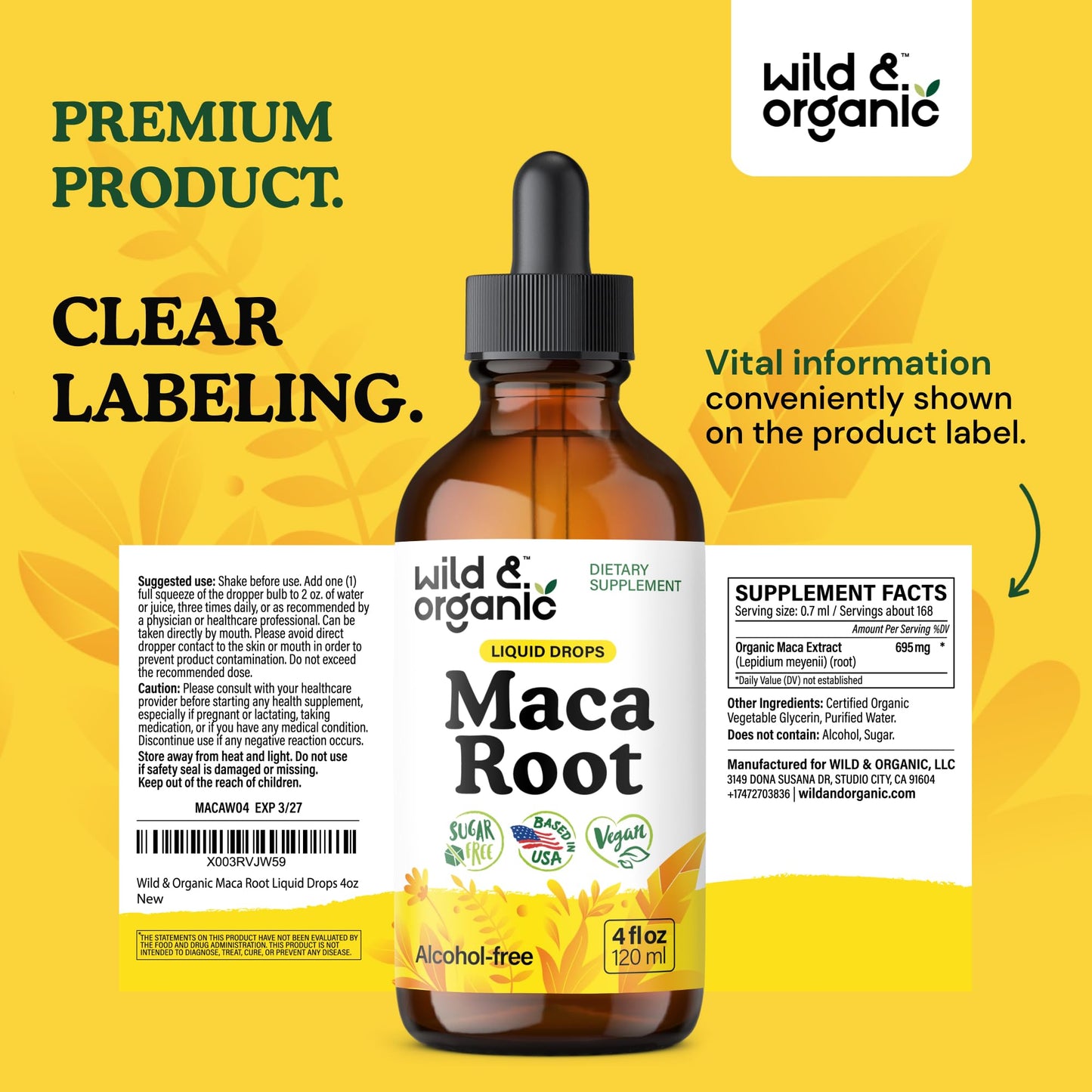 Wild & Organic Maca Root Liquid Drops โ Peruvian Maca Tincture, 4 fl oz