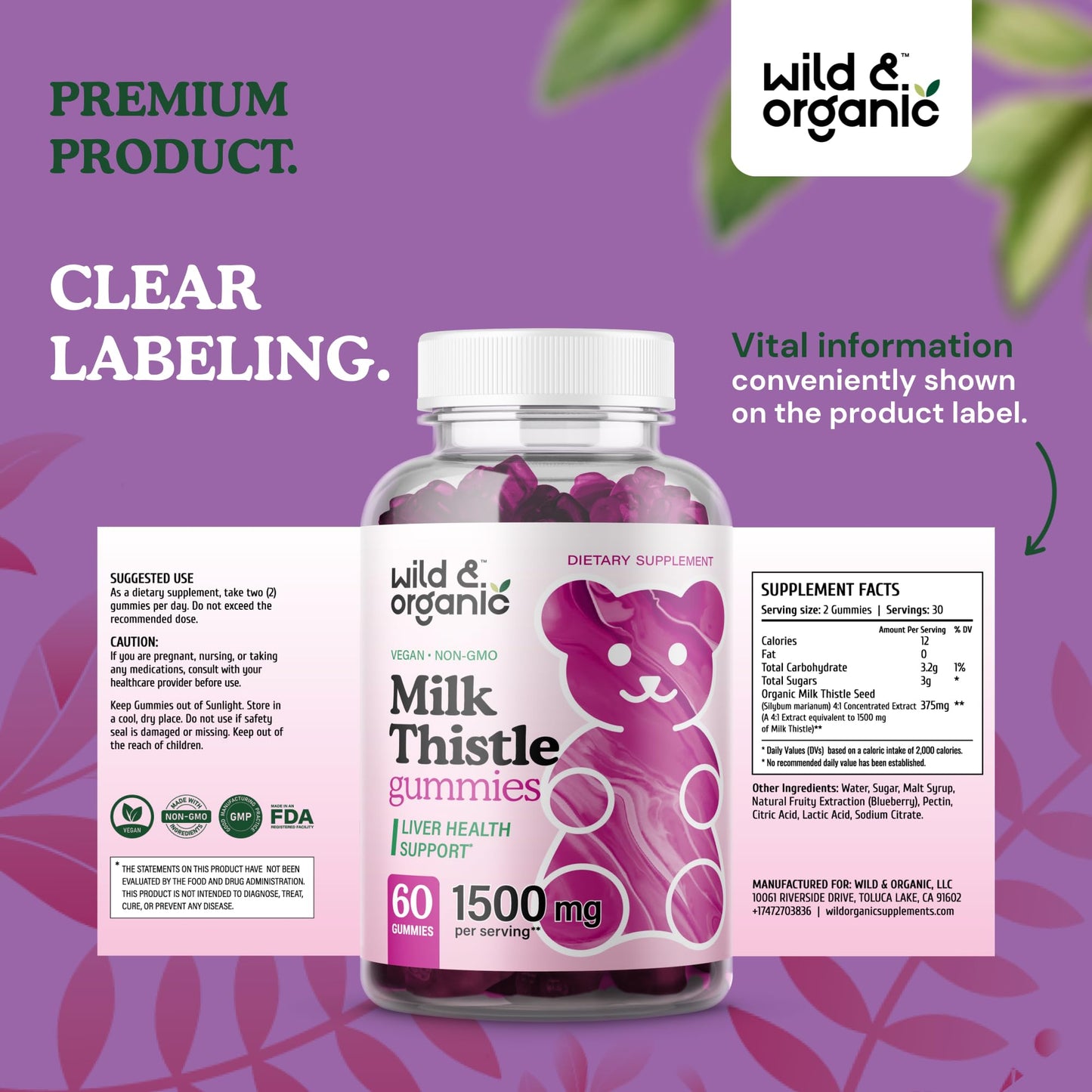 Wild & Organic Milk Thistle Gummies โ Liver Detox 1500mg | 60 Vegan Chews (Pack of 2)