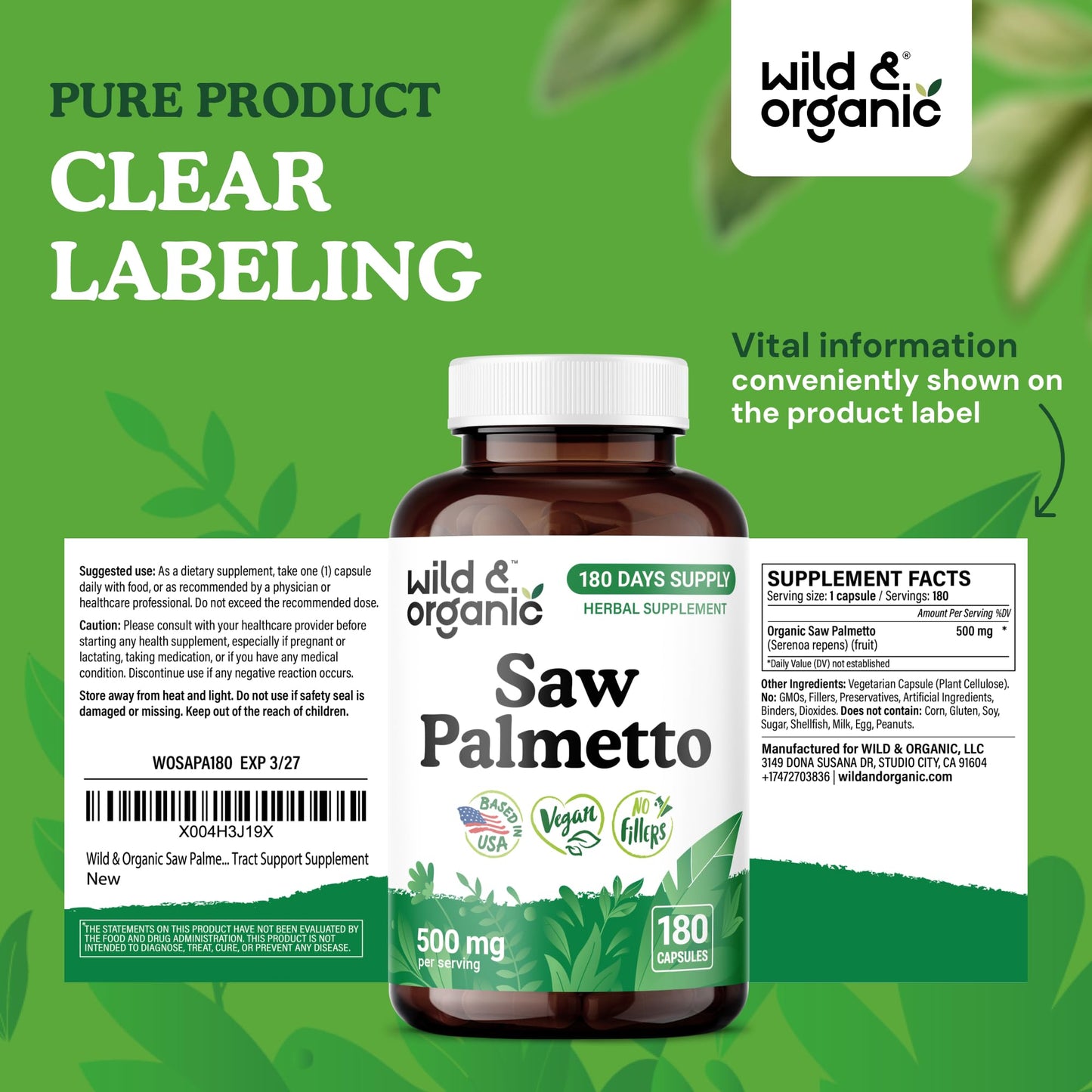 Wild & Organic Saw Palmetto Capsules 500 mg โ Urinary Tract Support (180 Count) โ Vegan, Non-GMO