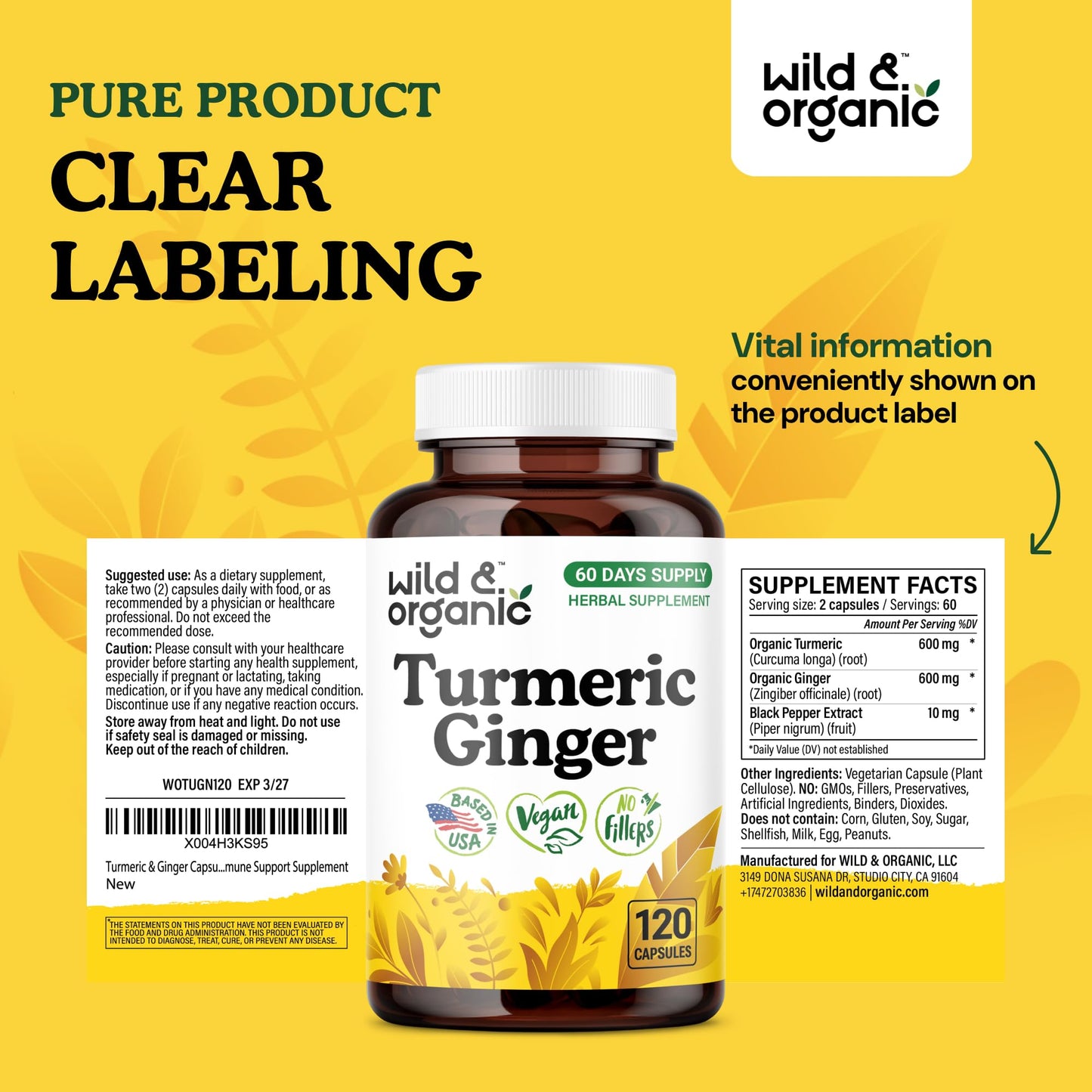 Wild & Organic Turmeric & Ginger Capsules โ Mobility & Immune Support, Black Pepper, 120 Count (60 Days) โ Vegan, Non-GMO