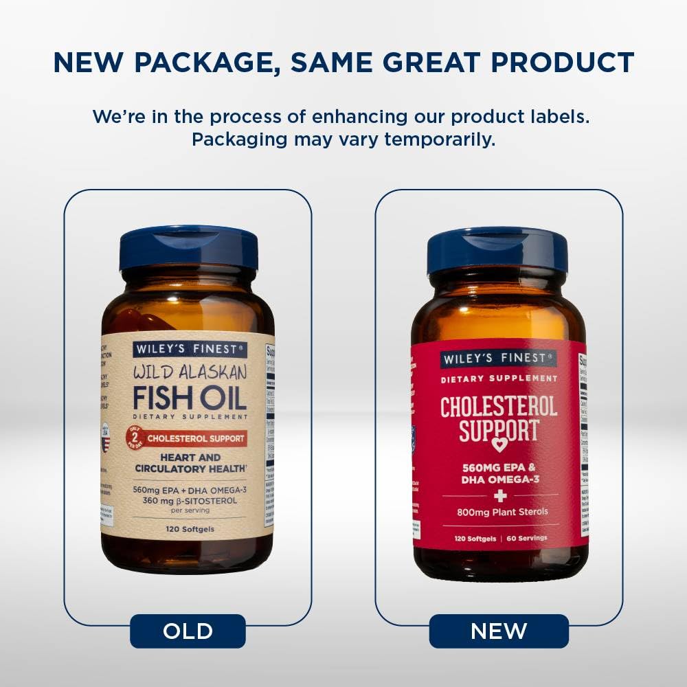 Wiley's Finest Wild Alaskan Fish Oil Cholesterol Support โ Heart Health, 560mg Omega-3s, 120 Softgels