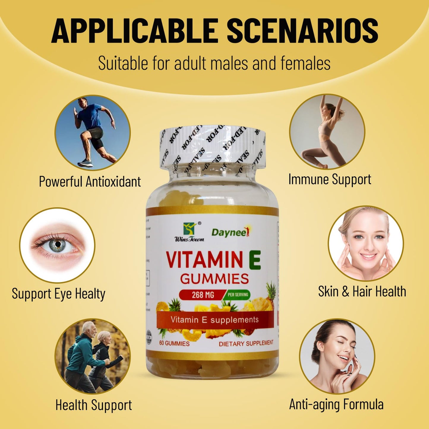 Wins Town Vitamin E Gummies 268mg โ Pineapple, Vegan, Non-GMO, 60 Count | Immune, Skin & Eye Support