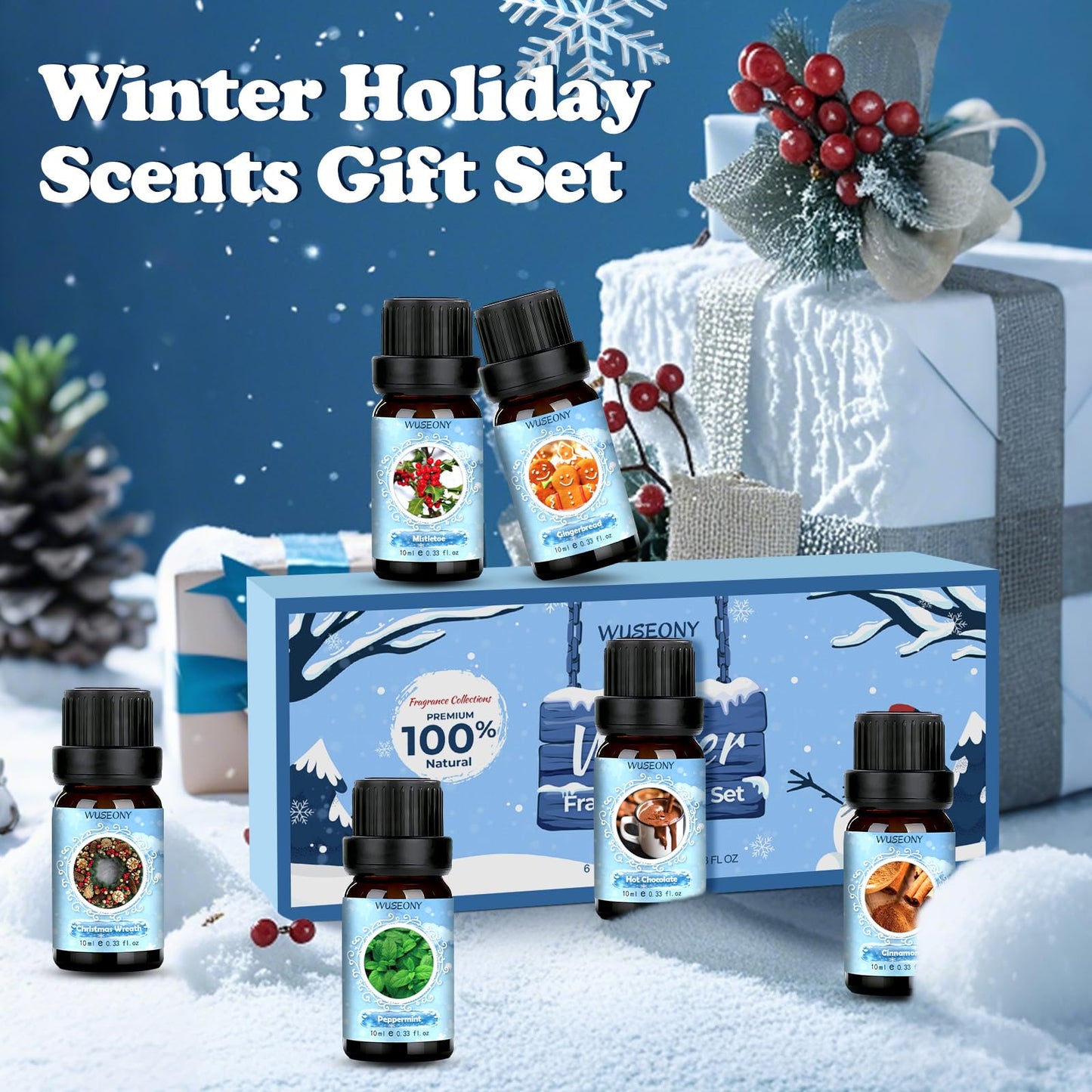 Winter Essential Oil Set โ 6 Festive Scents for Diffusers & Gifts | Wreath, Gingerbread, Peppermint
