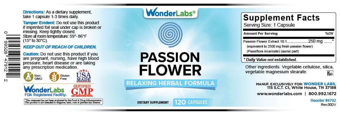 Wonder Laboratories Passion Flower Extract 2,500mg Equivalent โ 120 Capsules | Gluten Free, Non-GMO, Vegetarian