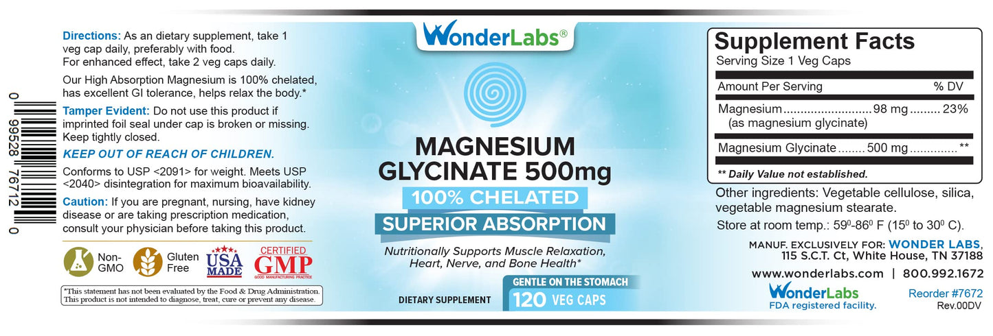 Wonder Laboratories Magnesium Glycinate 500mg โ Chelated, Non-GMO, Gluten-Free