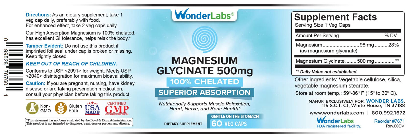 Wonder Laboratories Magnesium Glycinate 500mg โ Chelated, Non-GMO, Gluten, Dairy & Soy Free (60)