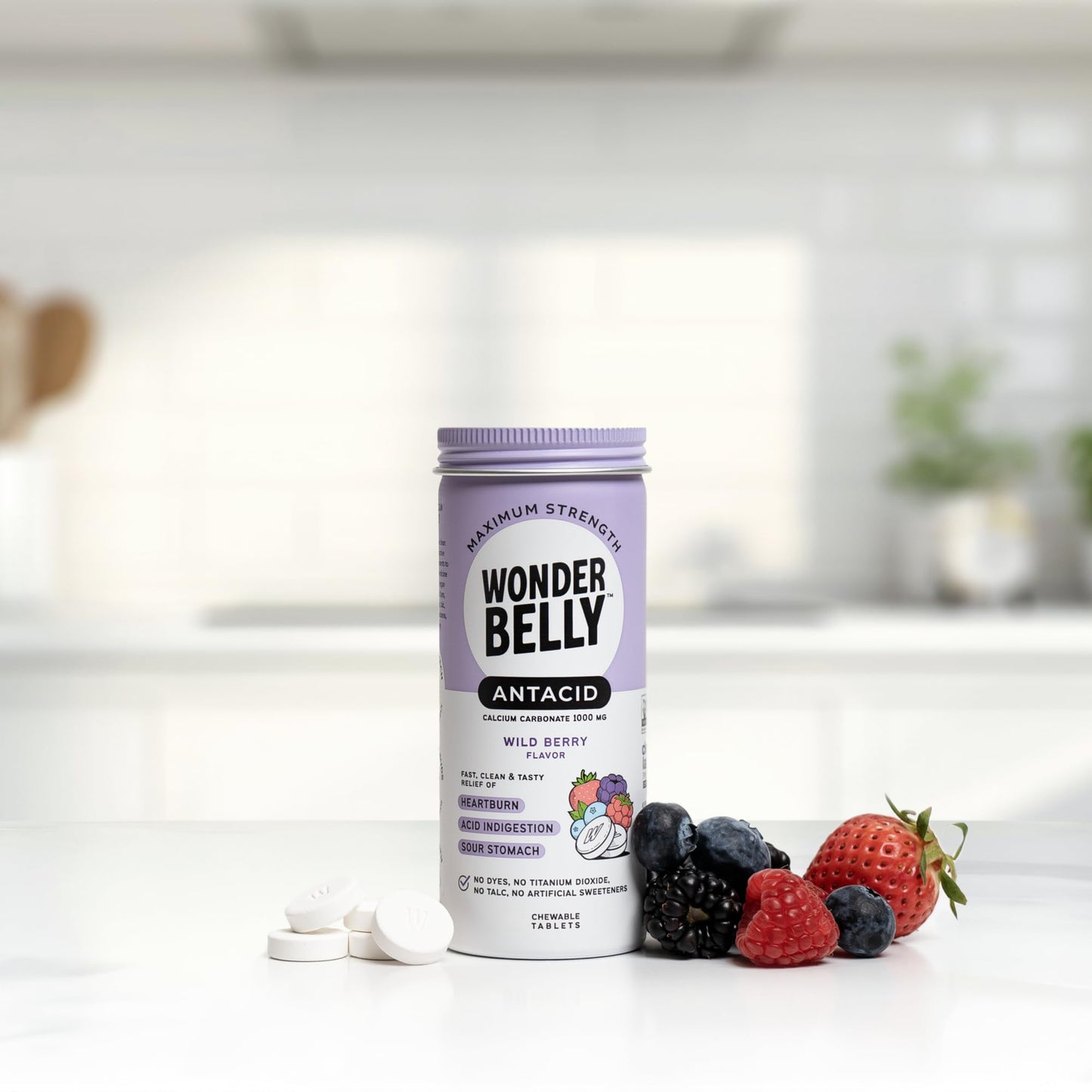 Wonderbelly Antacid Extra Strength 1000 mg Calcium Carbonate β Wild Berry Chewables for Heartburn Relief