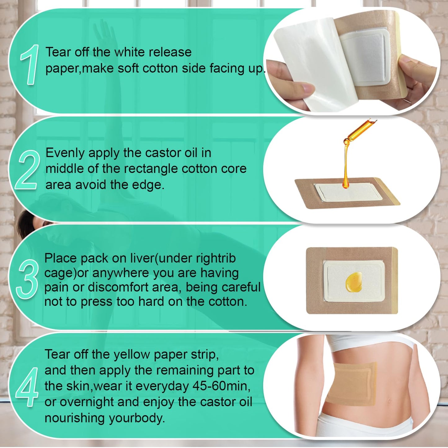 Woowruier 32 Pcs Castor Oil Patches โ Anti-Leakage Pack Wrap for Belly, Feet & Knee (Oils Not Included), 5.1 x 3.9 inches