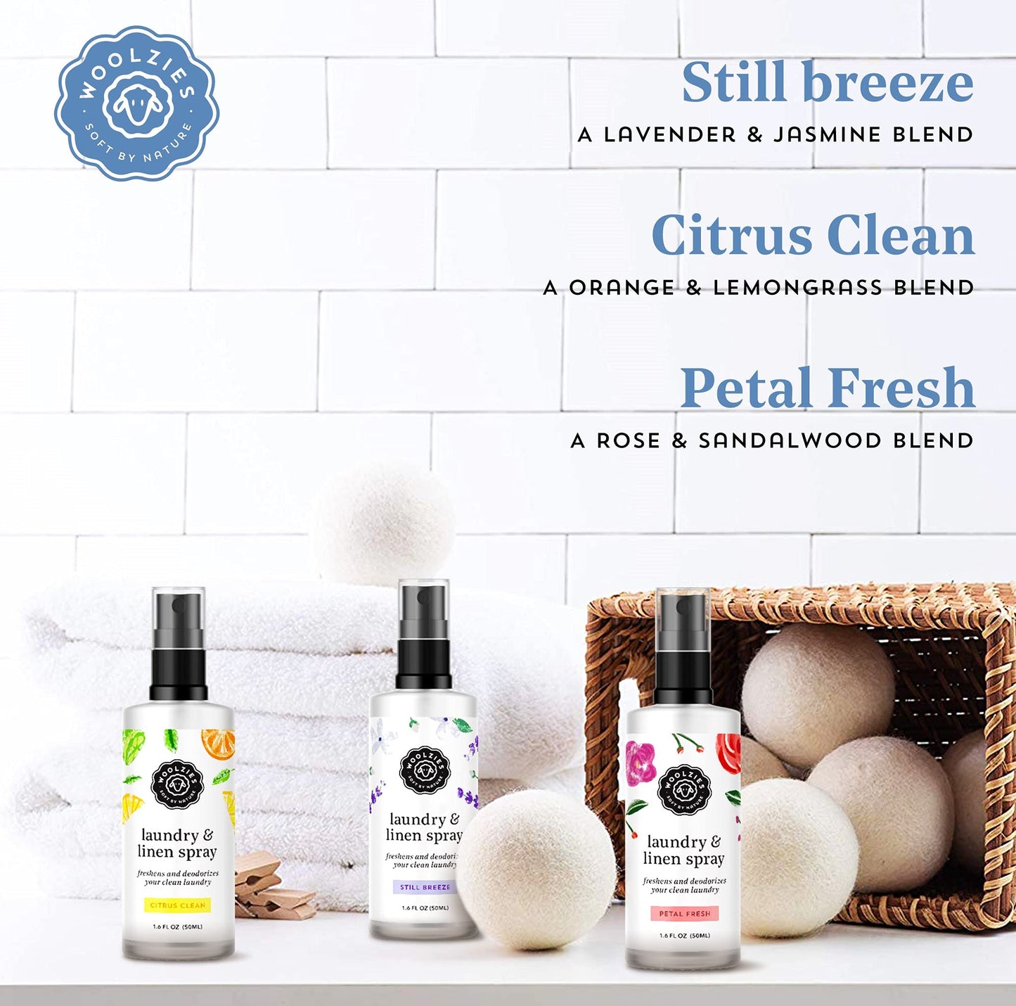 Woolzies Laundry Essential Oil Linen Spray Set β Still Breeze, Petal Fresh, Citrus Clean (50 ml)