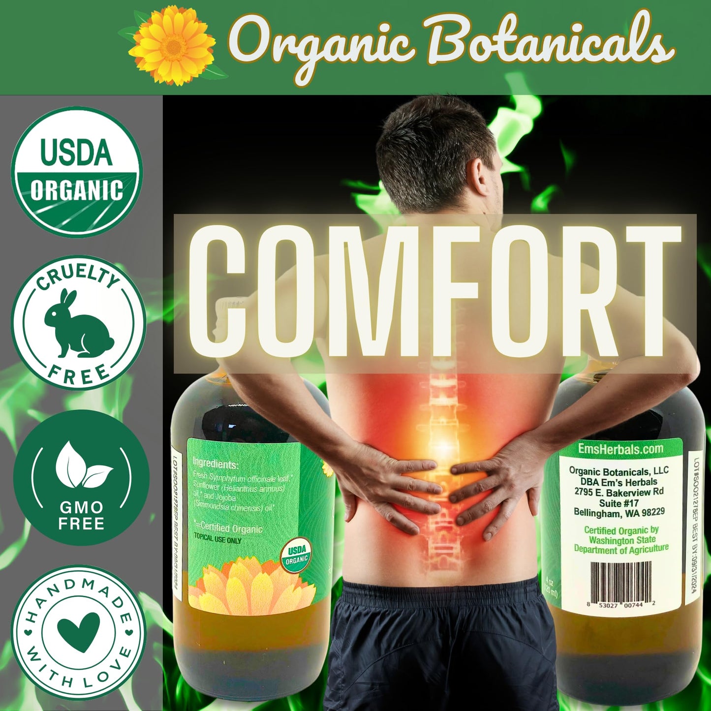 Organic Comfrey Leaf Infused Oil โ Skin Care for Joints, Back & Muscles (4 oz) | Certified Organic