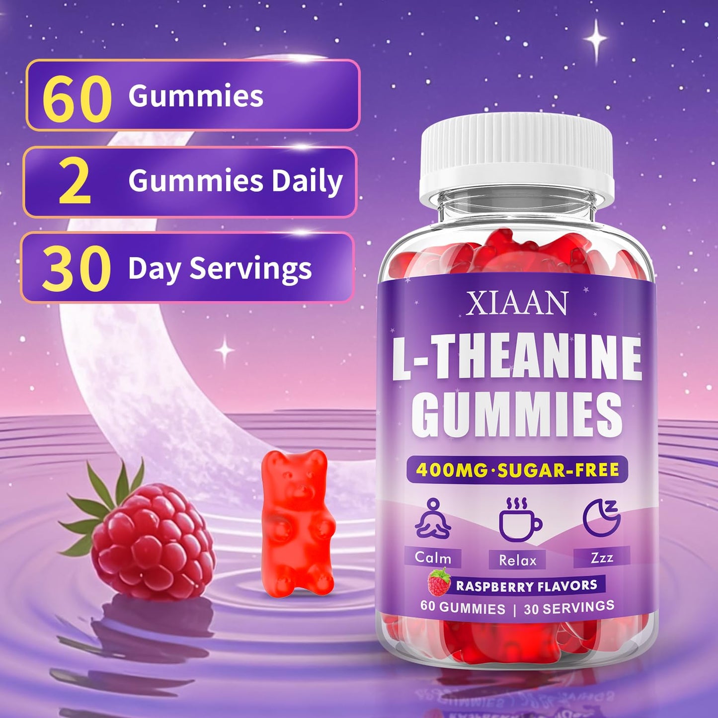 XIAAN L-Theanine Gummies โ 400mg, Calm & Sleep Support (Vegan Raspberry)