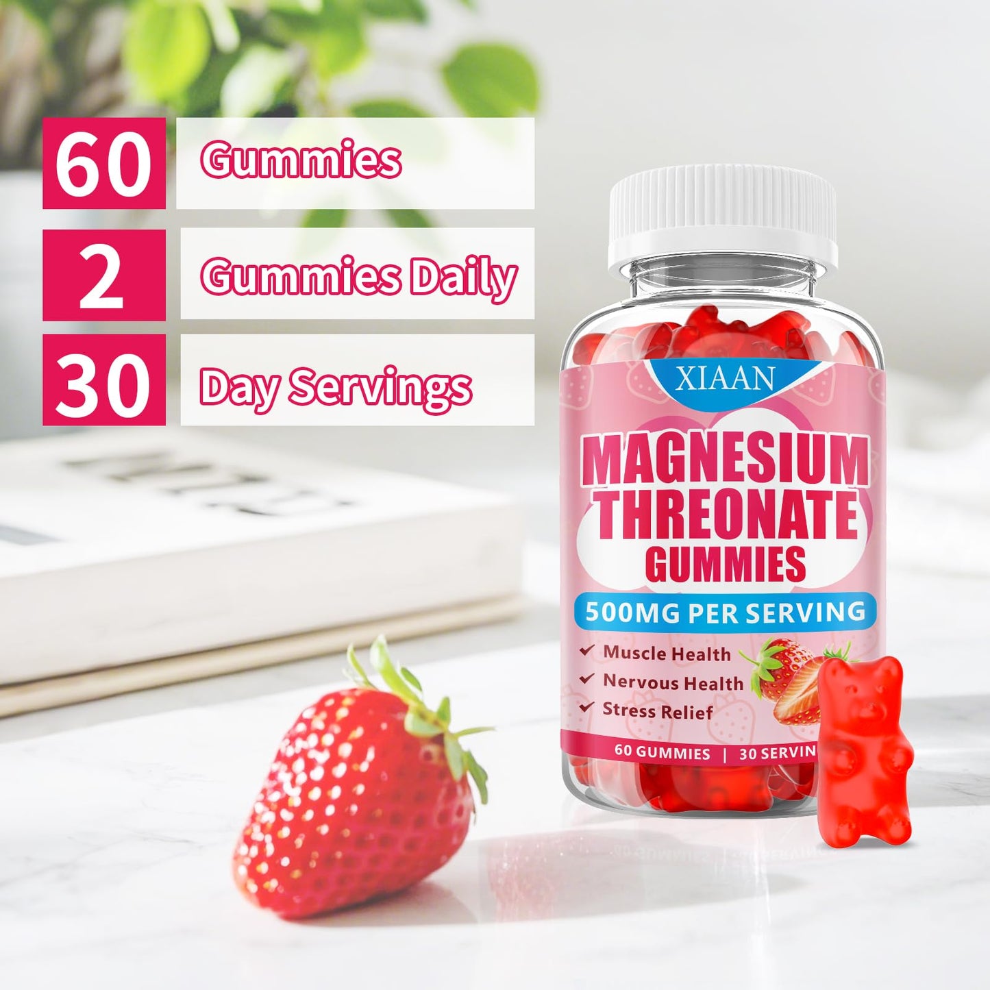 XIAAN Magnesium L-Threonate Gummies 500mg โ Sugar-Free Strawberry 60 Count