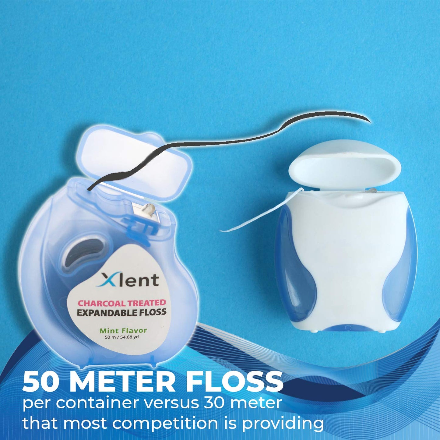 Xlent Expandable Charcoal Floss with Xylitol & Mint β 150m Eco Bundle (Reusable Blue Dispenser + Refills)