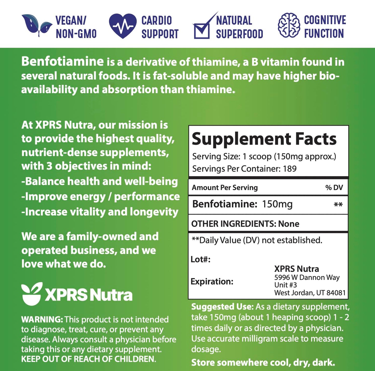 XPRS Nutra Benfotiamine Powder (Thiamine) - Fat Soluble Happy Heart Thiamine Supplement - Advanced Vitamin B1 Benfotiamine for a Cognitive Boost - Vegan Friendly Benfotamine Powder (1 Ounce)