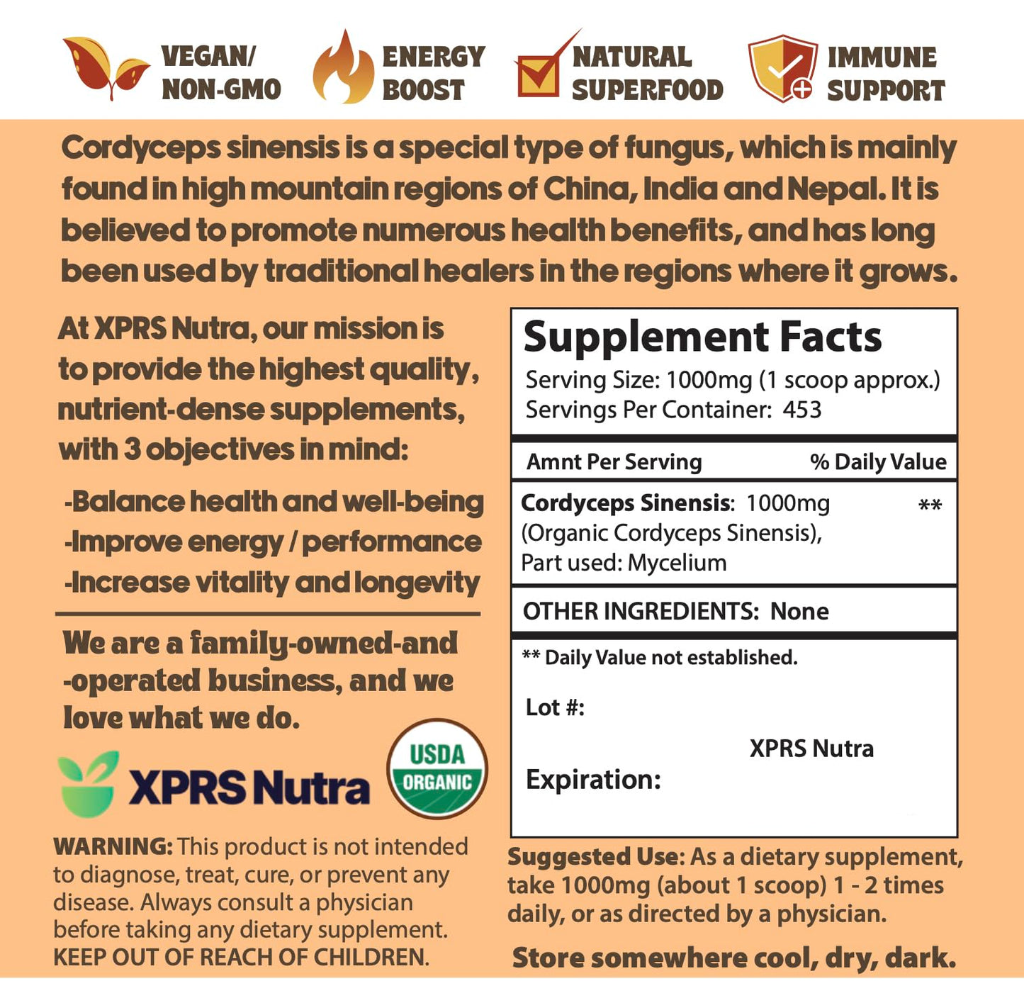 XPRS Nutra Organic Cordyceps Mushroom Powder โ Energy & Immune Support (16 oz)