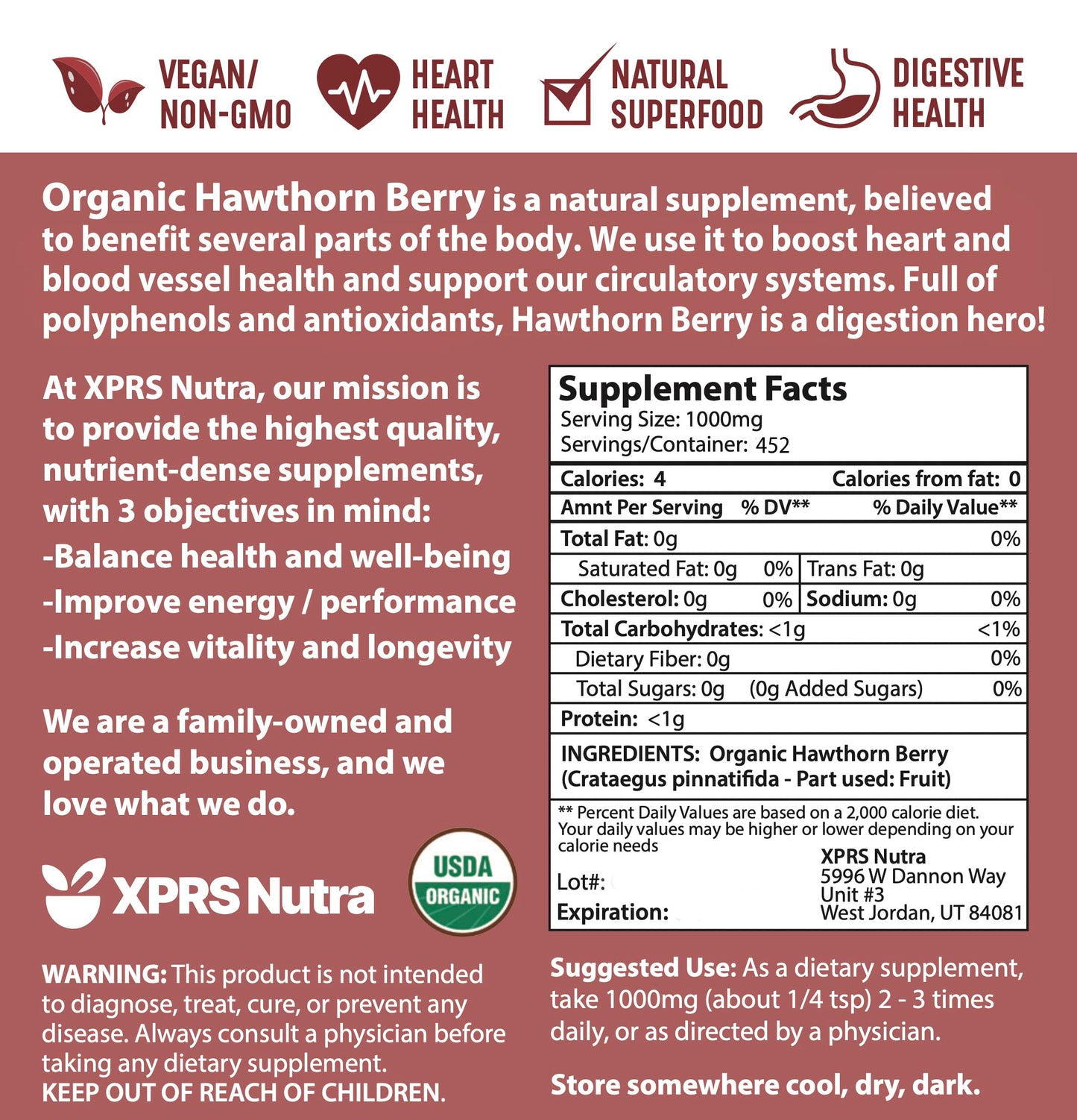 XPRS Nutra Organic Hawthorn Berry Powder โ Premium USDA Organic Hawthorn for Cardiovascular Support โ Vegan (16 oz)