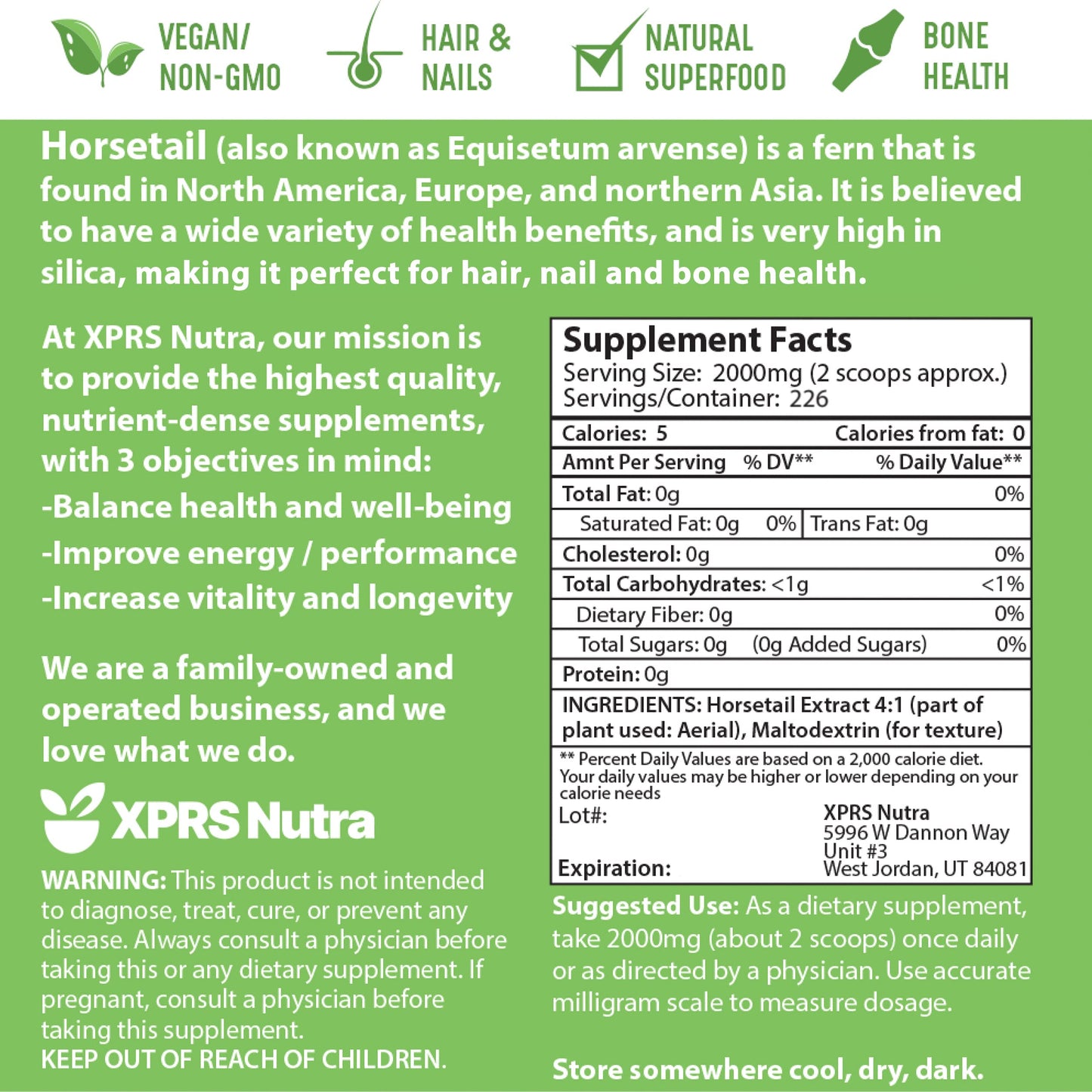XPRS Nutra Horsetail Extract Powder โ High Potency Silica for Hair, Nails & Bones โ Vegan, 16 oz