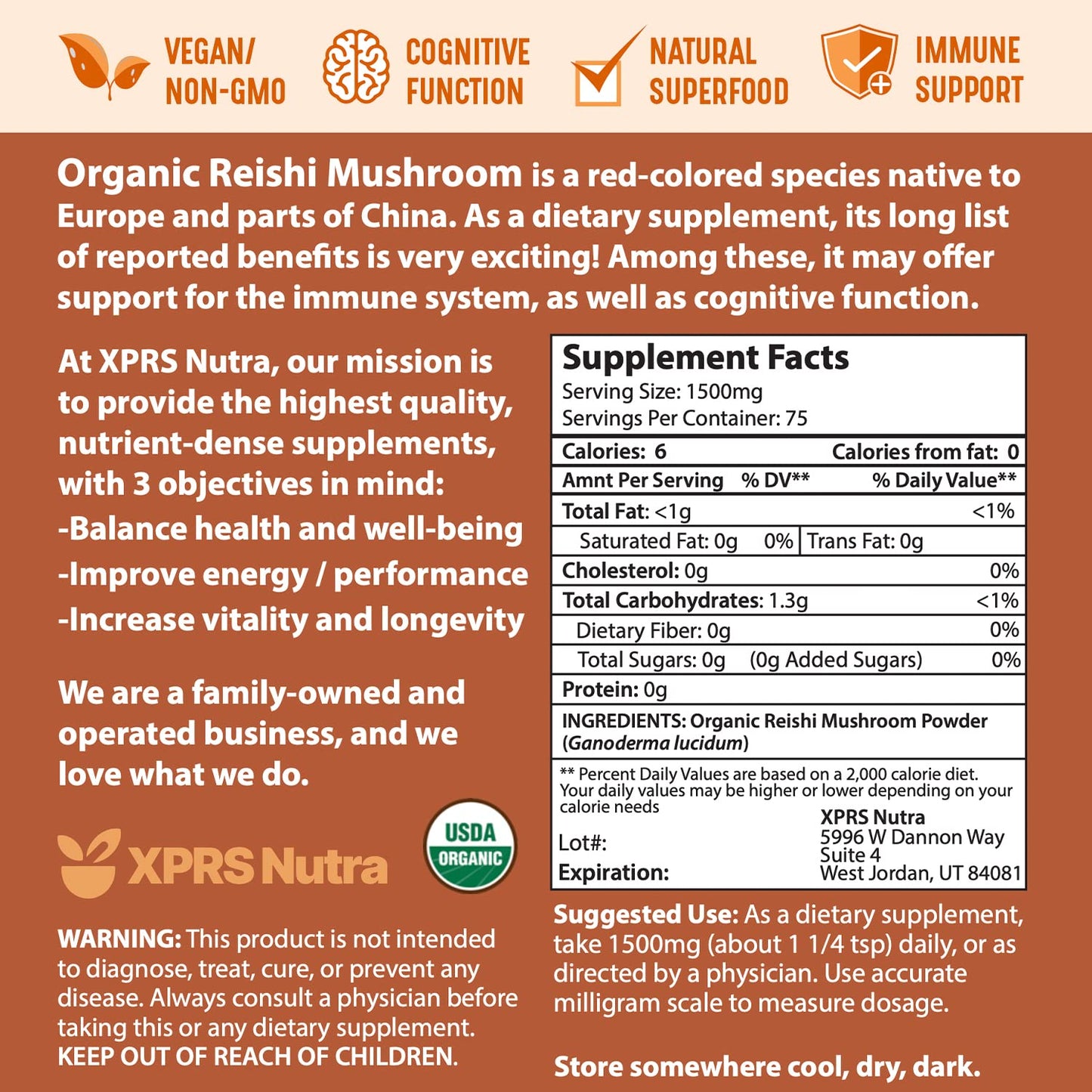 XPRS Nutra Organic Red Reishi Powder 4oz โ Cognition & Energy (Vegan)