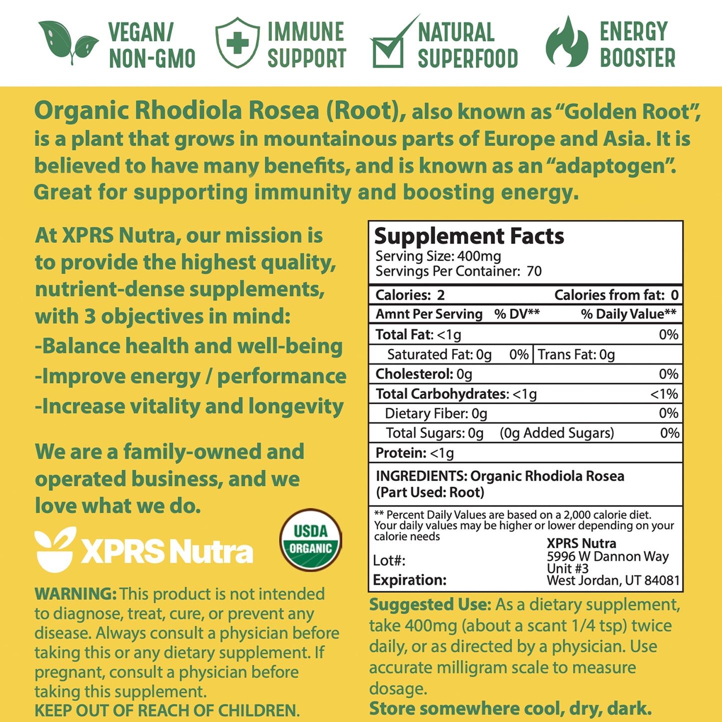XPRS Nutra Organic Rhodiola Rosea Powder โ USDA Organic, Vegan, Cognition & Energy (1 oz)