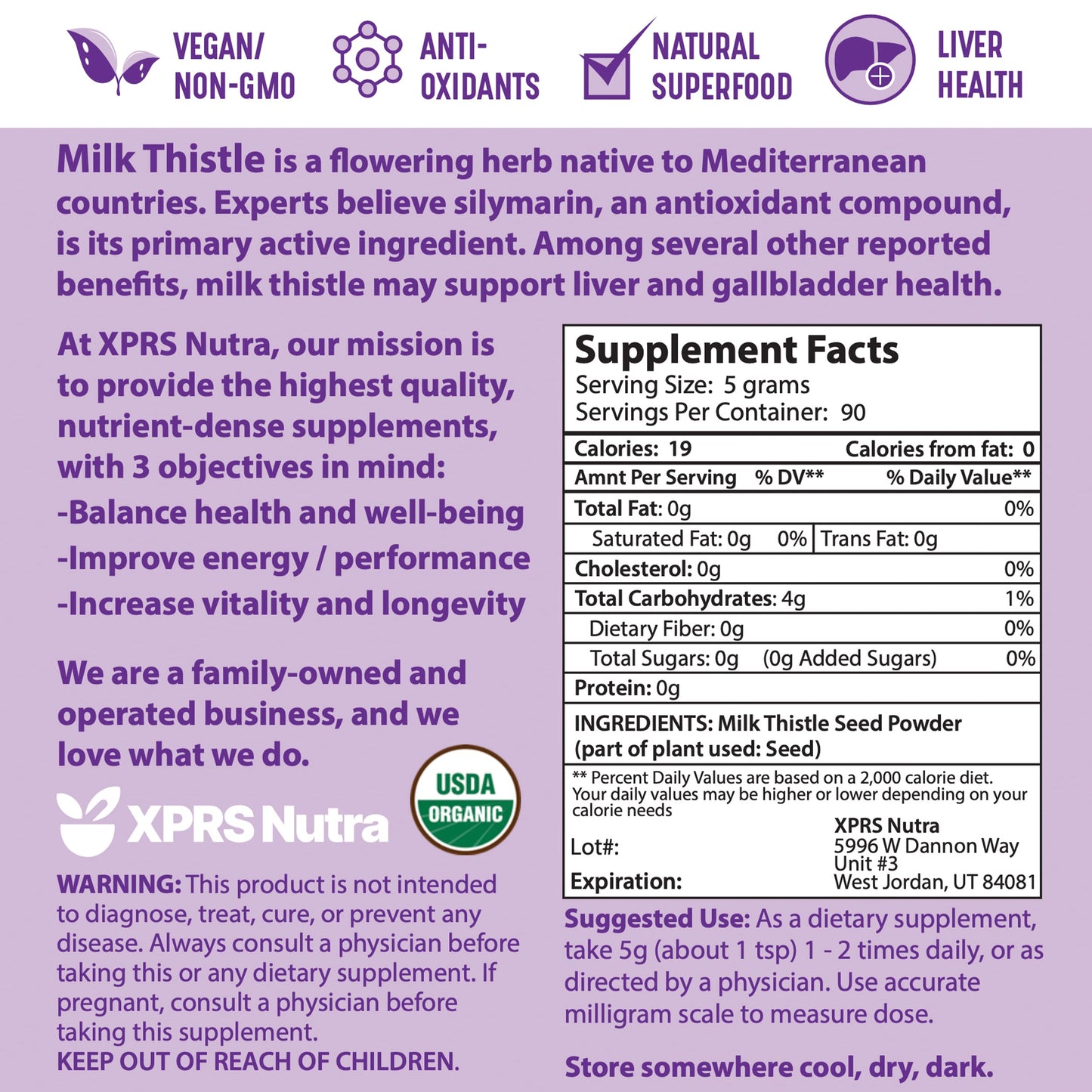 XPRS Nutra Organic Milk Thistle Seed Powder 16oz โ Silymarin & Antioxidants