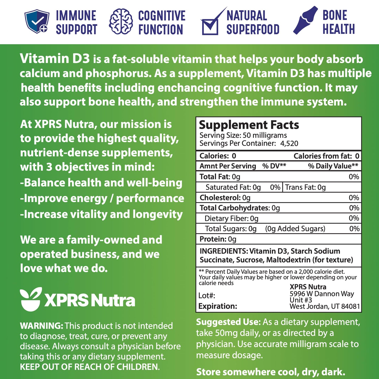 XPRS Nutra Vitamin D3 Powder (Cholecalciferol) - Unflavored 8 oz Pack of 6