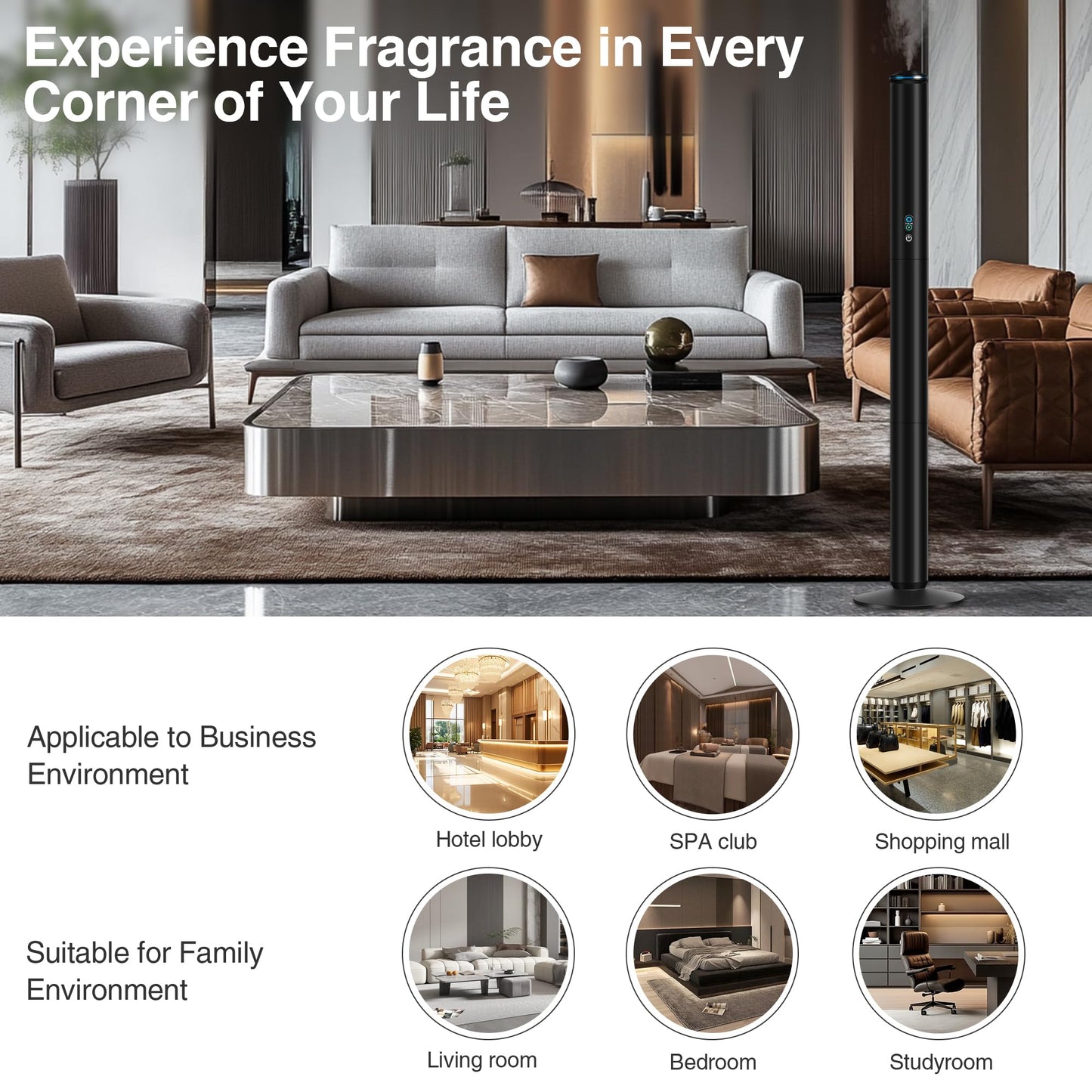 XspideM Waterless Scent Diffuser Starter Kit โ 2,000 Sq Ft Coverage, 5 Oils, Remote, Black, 40in