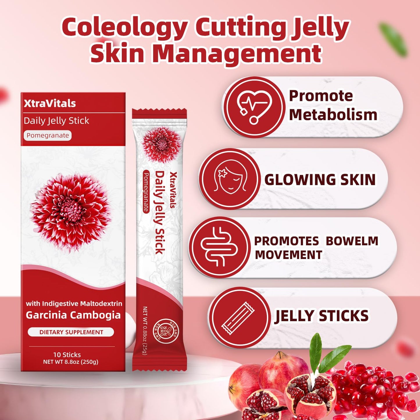 XtraVitals Coleology Cutting Jelly β Korean Jelly Sticks with 1200mg Garcinia Cambogia, Chia, Collagen, Detox & Digestion, Pomegranate Flavor, 10 Sticks