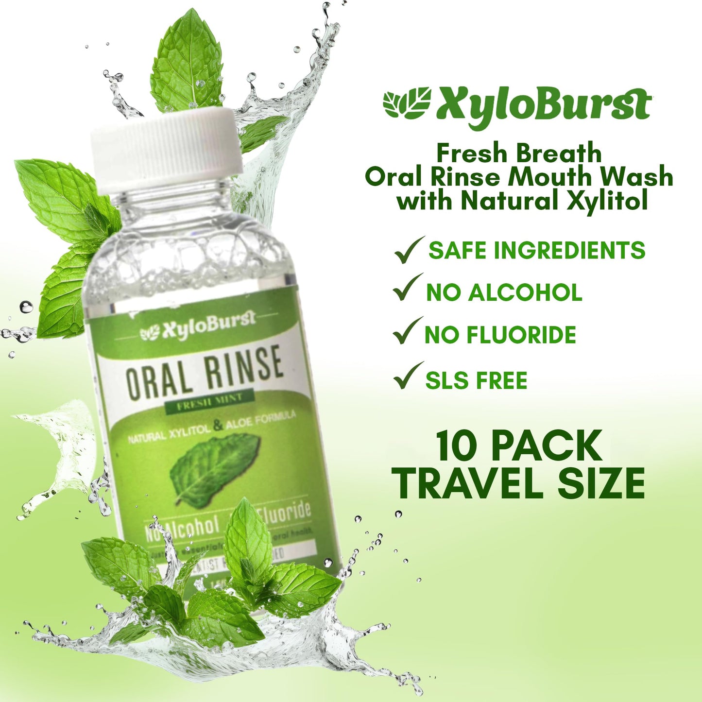 Xyloburst Oral Rinse โ Natural Xylitol Mouthwash, Fluoride Free, SLS Free | Travel 10-Pack