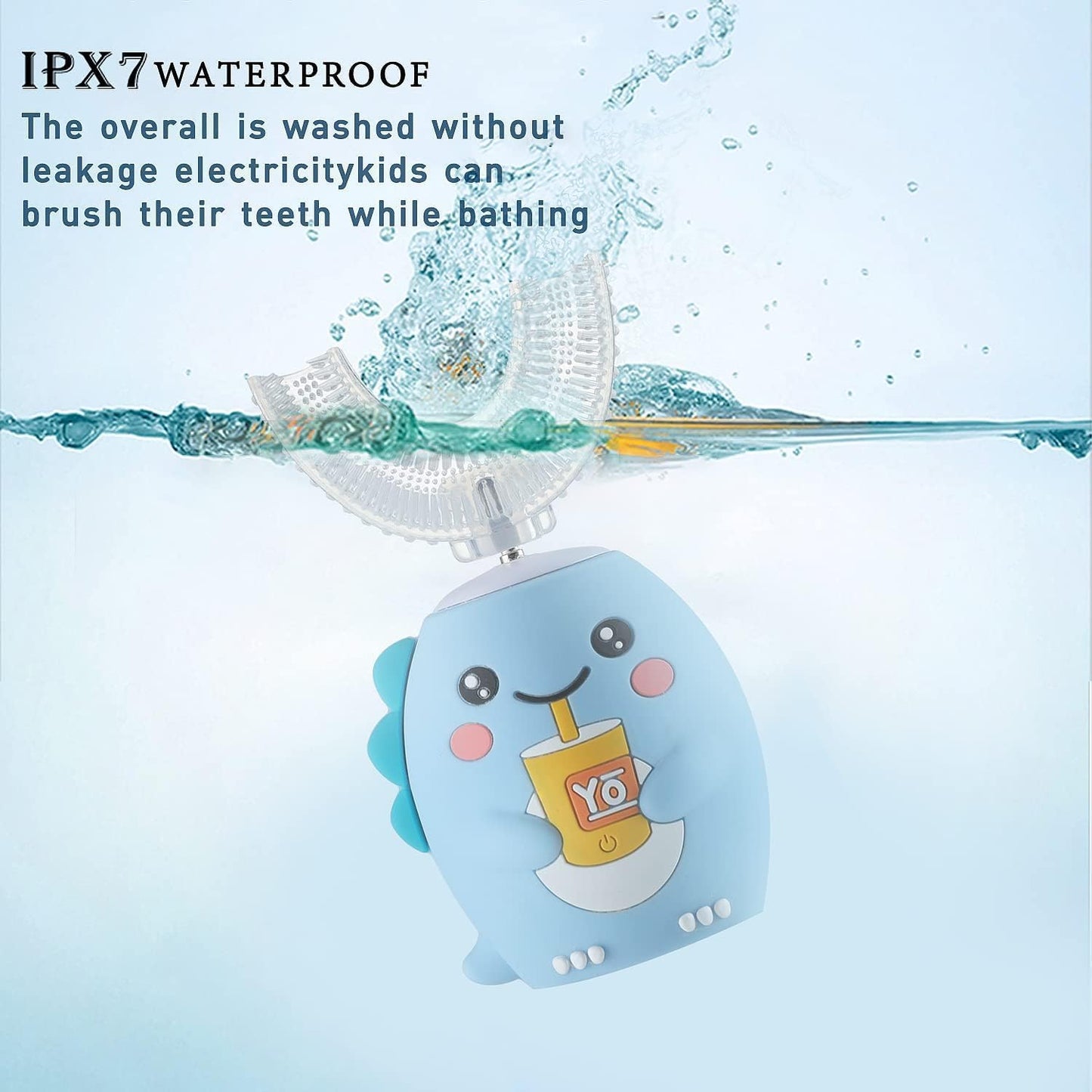 yeklike Kids U-Shaped Electric Toothbrush | 360° Cleaning, IPX7 Waterproof, Cartoon Dinosaur - for 2-7y
