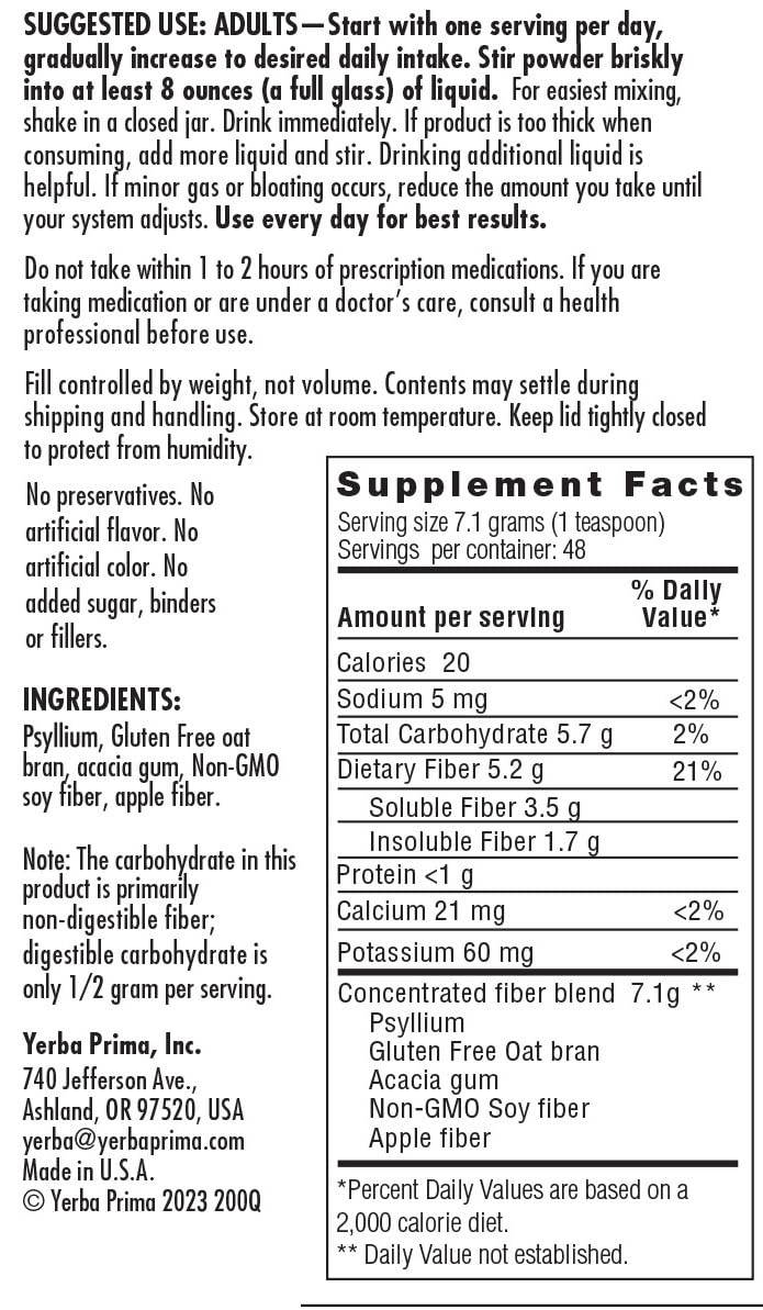 Yerba Prima Daily Fiber Formula Powder โ 12 oz (Pack of 4) | Soluble & Insoluble Fiber for Gut Health | Vegan, Non-GMO, Gluten-Free