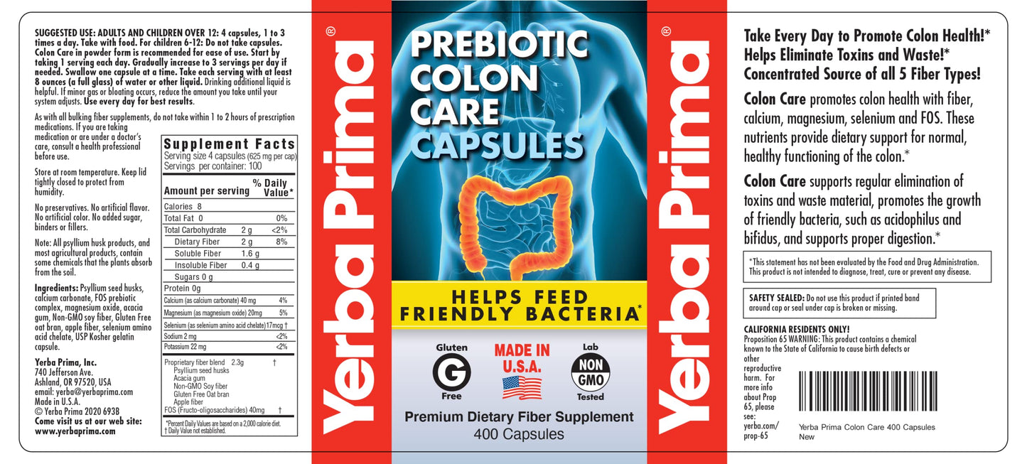 Yerba Prima Prebiotic Colon Care Capsules, 400 Caps (Pack of 2) β Five Forms of Dietary Fiber
