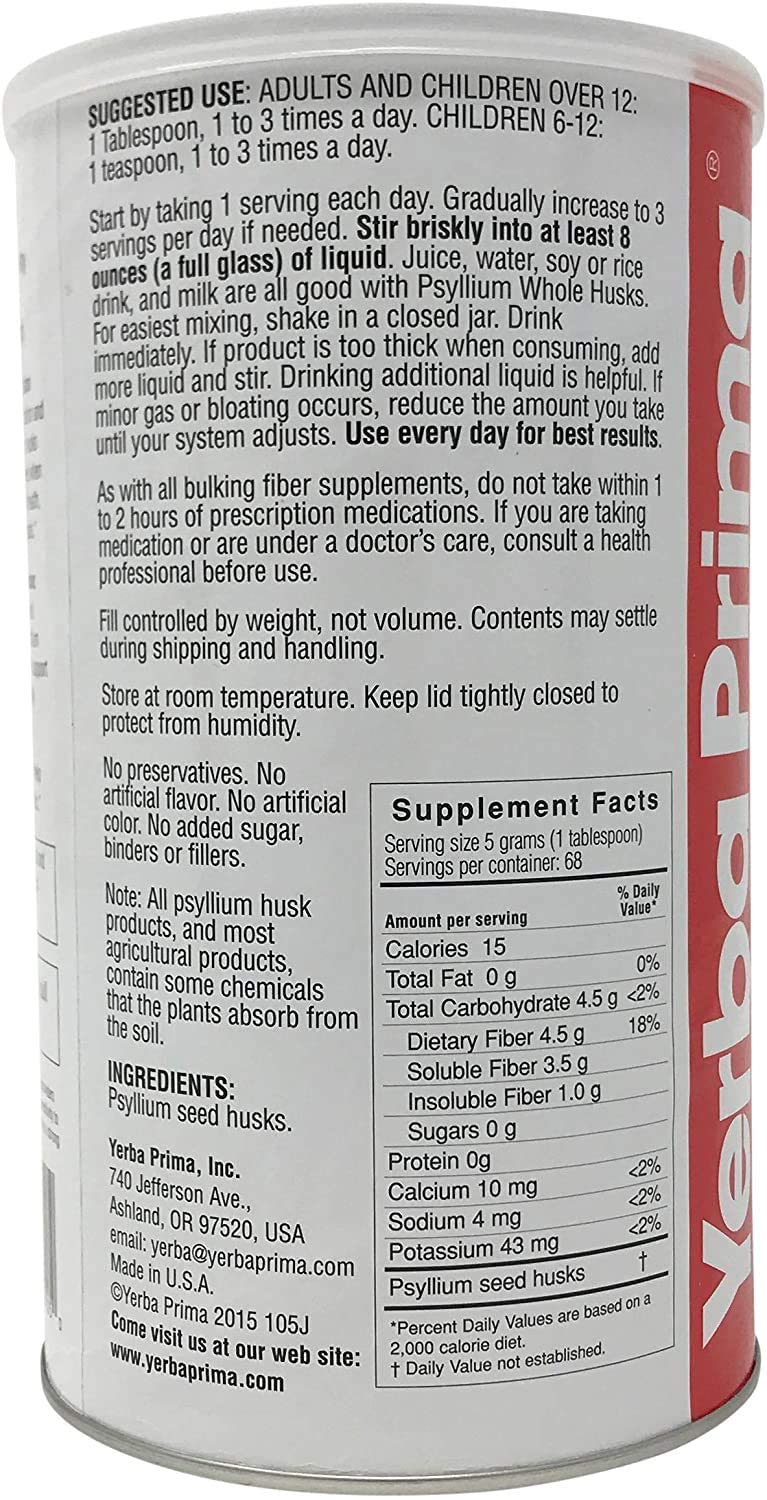 Yerba Prima Psyllium Whole Husk 12 oz โ Fiber Supplement, Vegan, Gluten Free