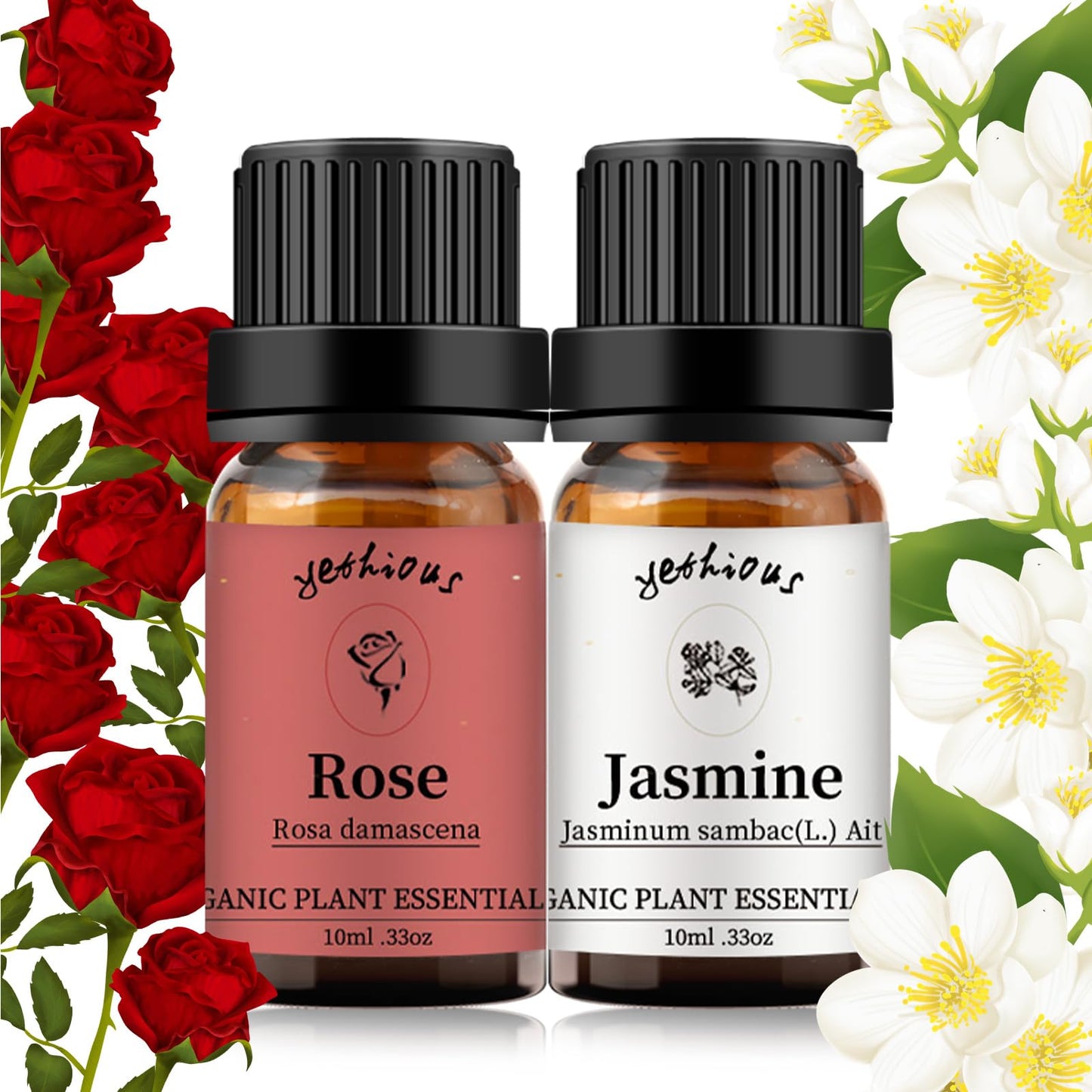 yethious Rose & Jasmine Essential Oil Set โ 2 x 10ml Organic Fragrance Oils for Diffuser, Skin & Hair