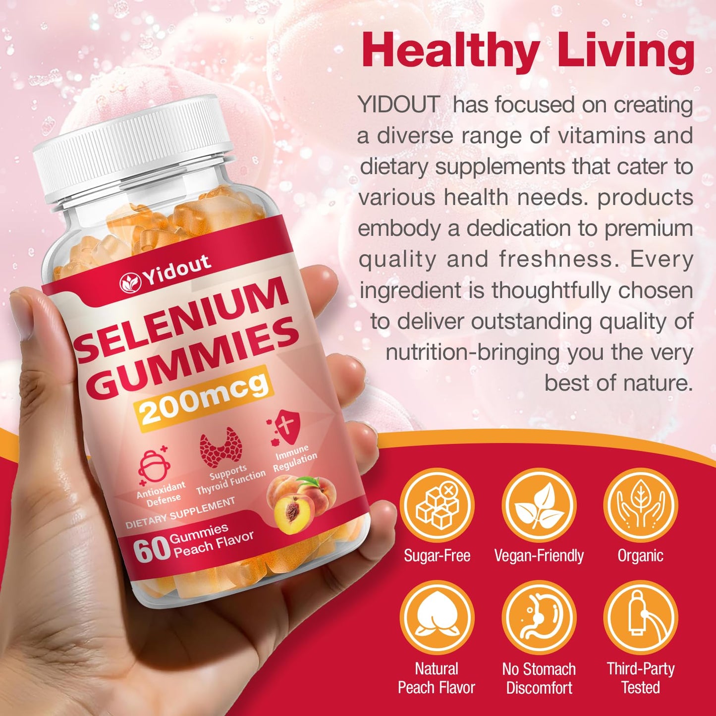 Yidout Selenium Thyroid Support Gummies 200mcg β Peach Flavor, Energy Booster for Women & Men | 60 Count (Pack of 2)