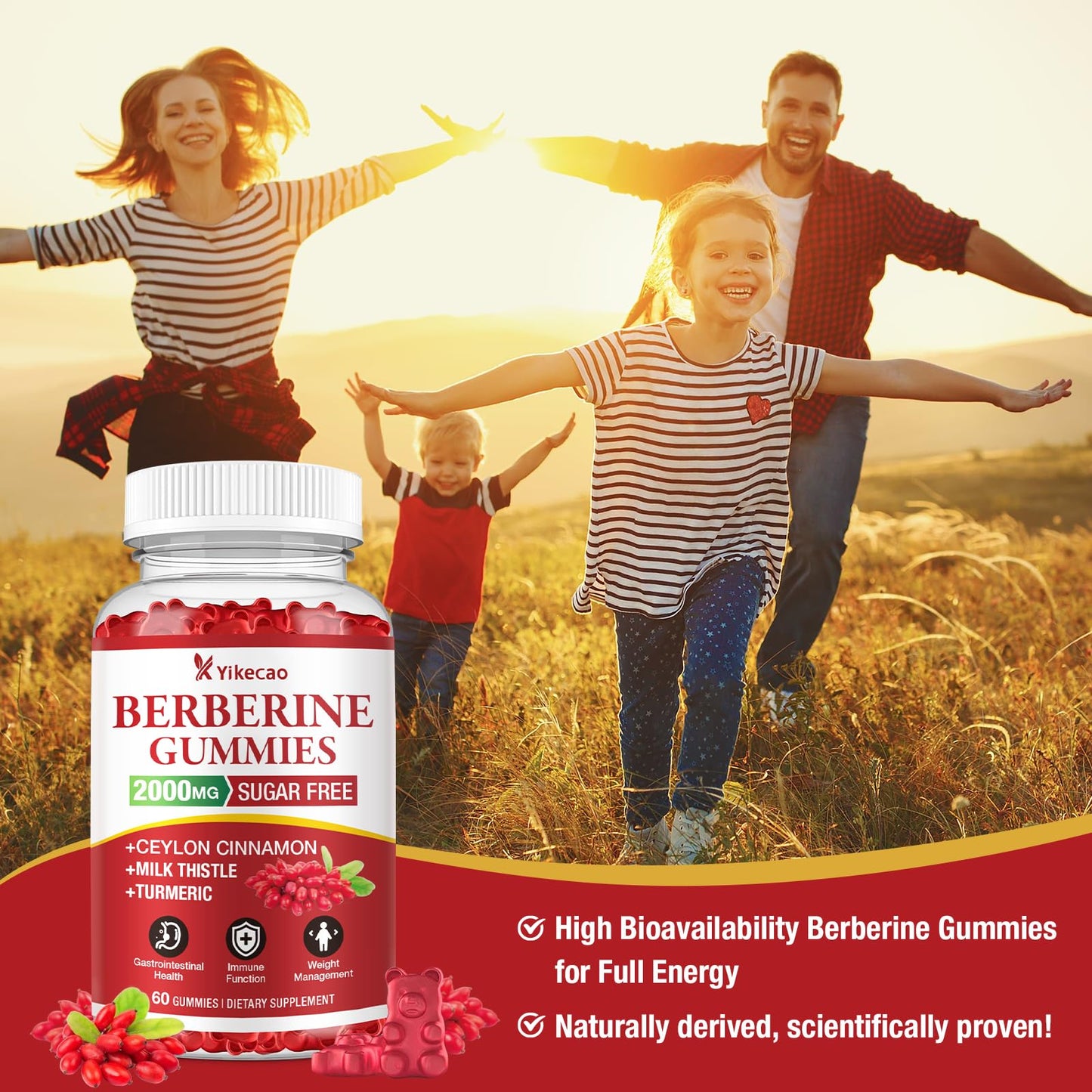 Yikecao 2000mg Berberine Gummies with Cinnamon โ Sugar Free, Vegan, Non-GMO (60 Count)