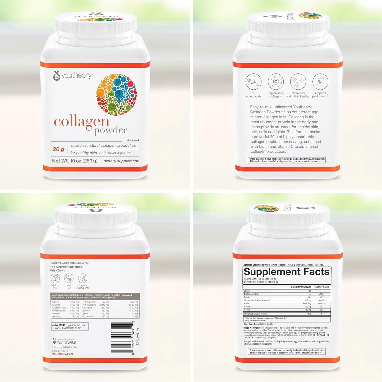 Youtheory Collagen Powder โ Premium Hydrolyzed Collagen with Vitamin C & Biotin (Unflavored, 10 oz) โ Dairy & Gluten Free