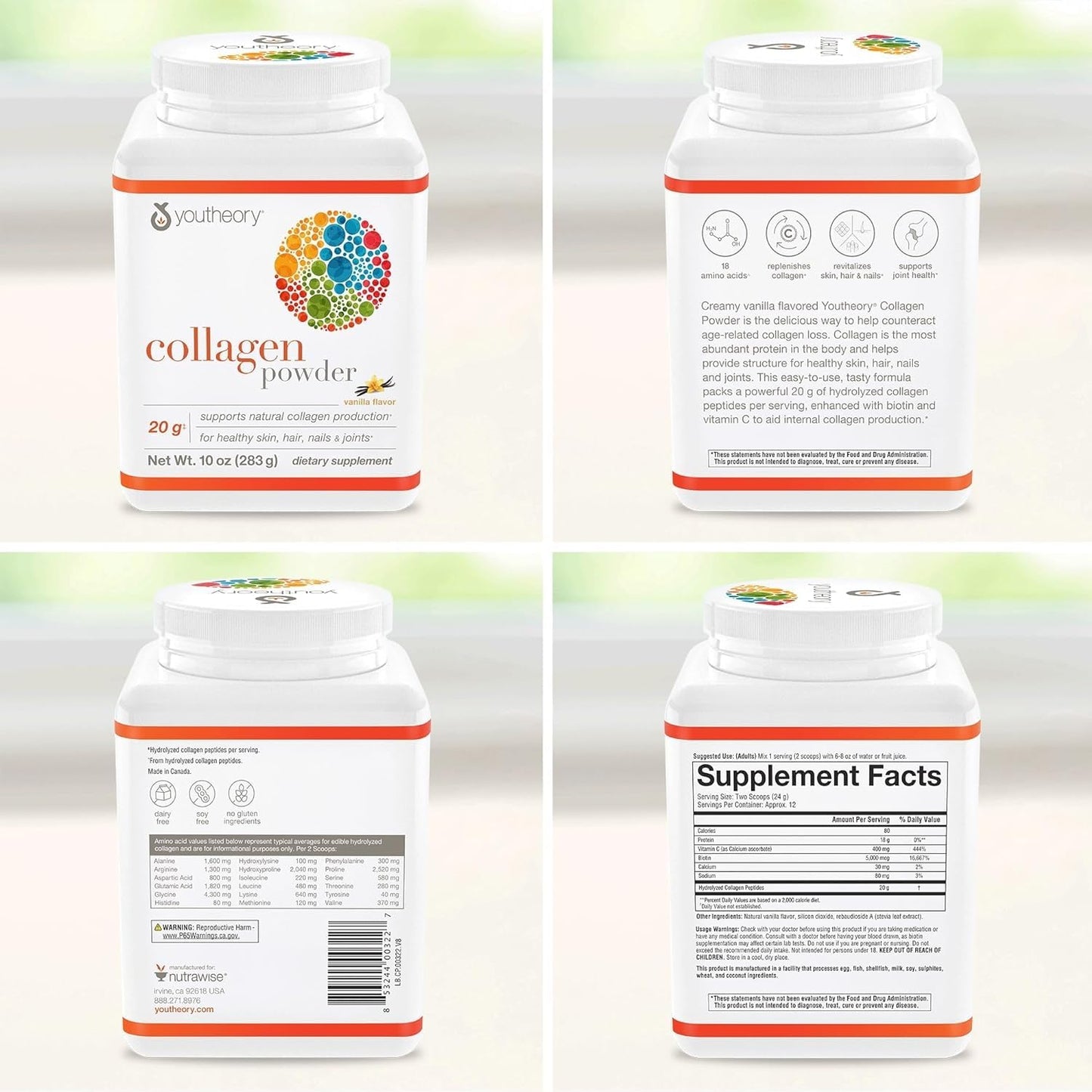 Youtheory Collagen Powder Vanilla 10 oz โ Hydrolyzed Collagen with Vitamin C & Biotin