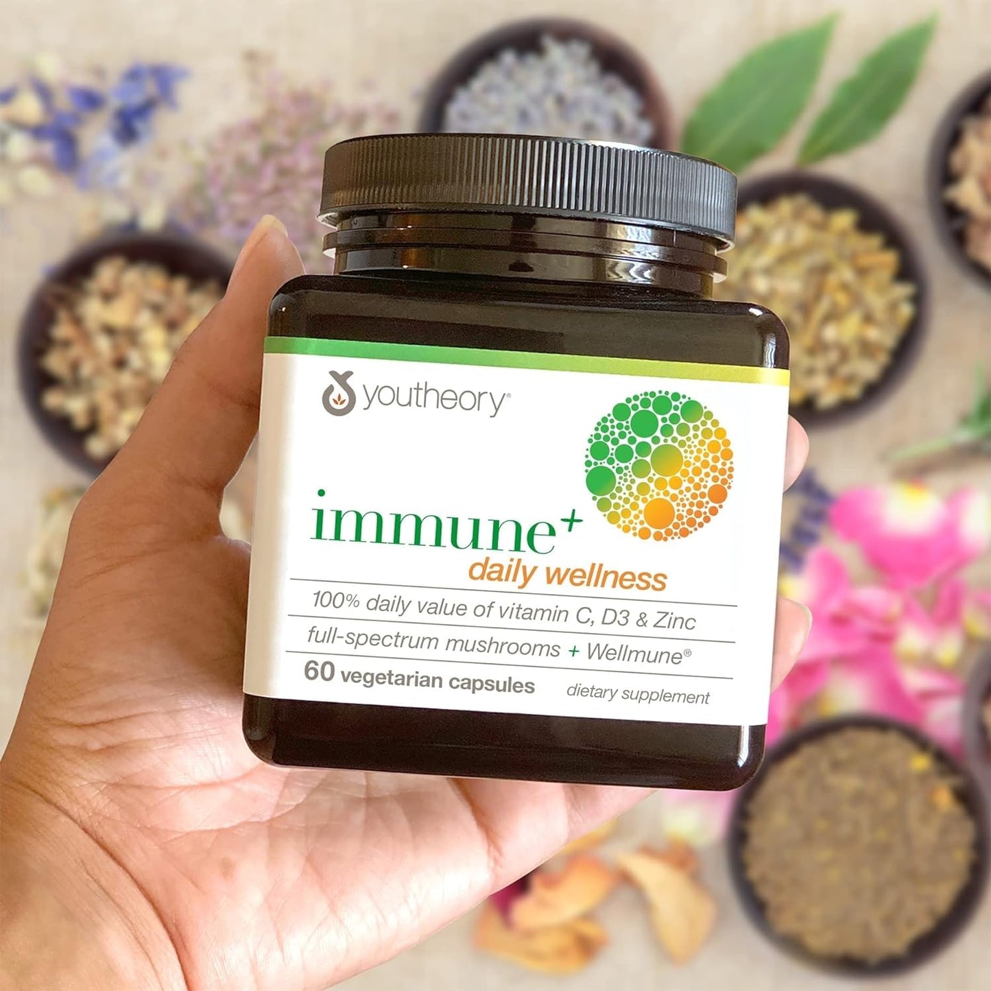 Youtheory Immune+ Daily Wellness โ Vegetarian Immune Support (Vitamin C, D3, Zinc) 60 Veg Caps