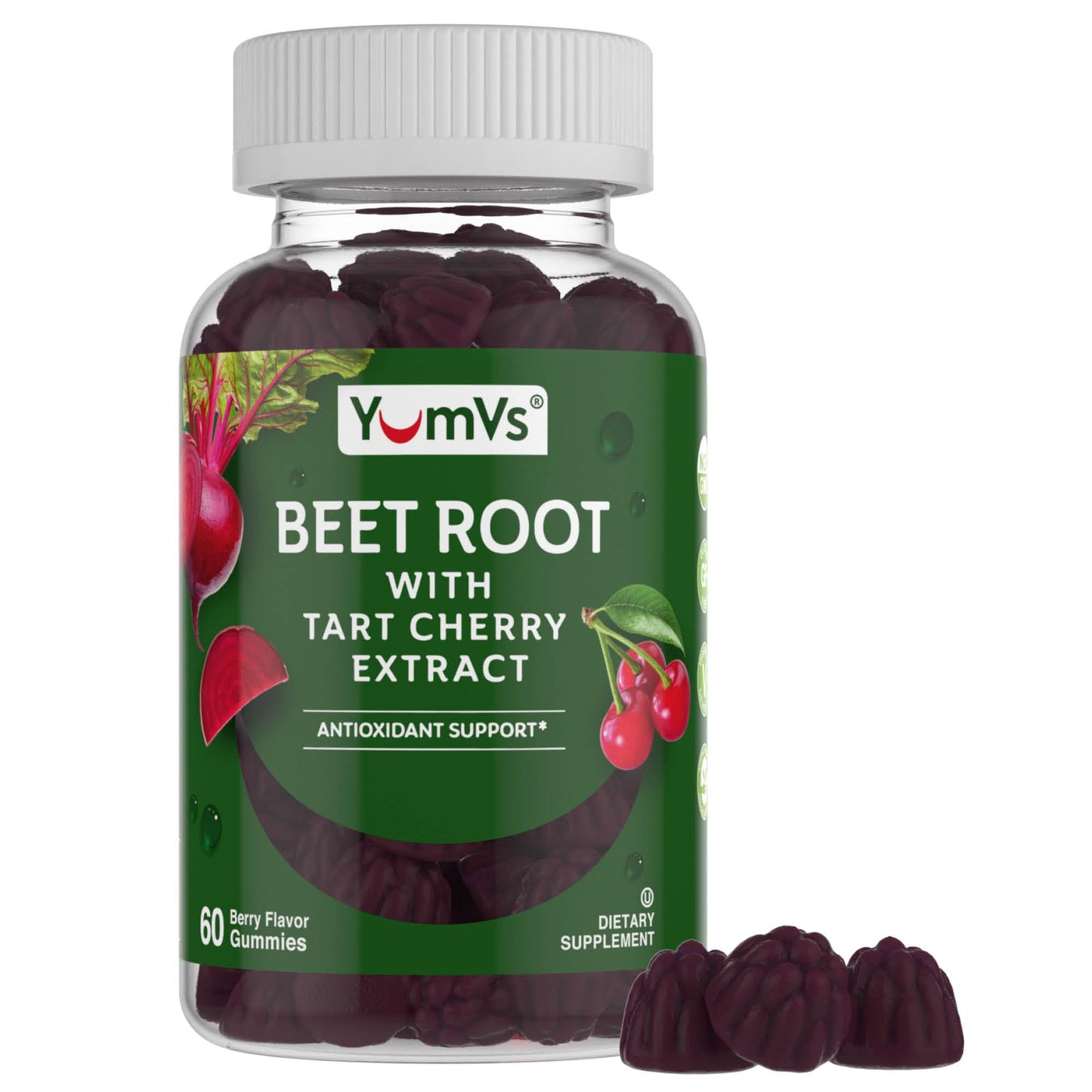 YUM-V'S Beet Root Gummies with Tart Cherry โ Berry Flavor, Antioxidant & Circulation Support