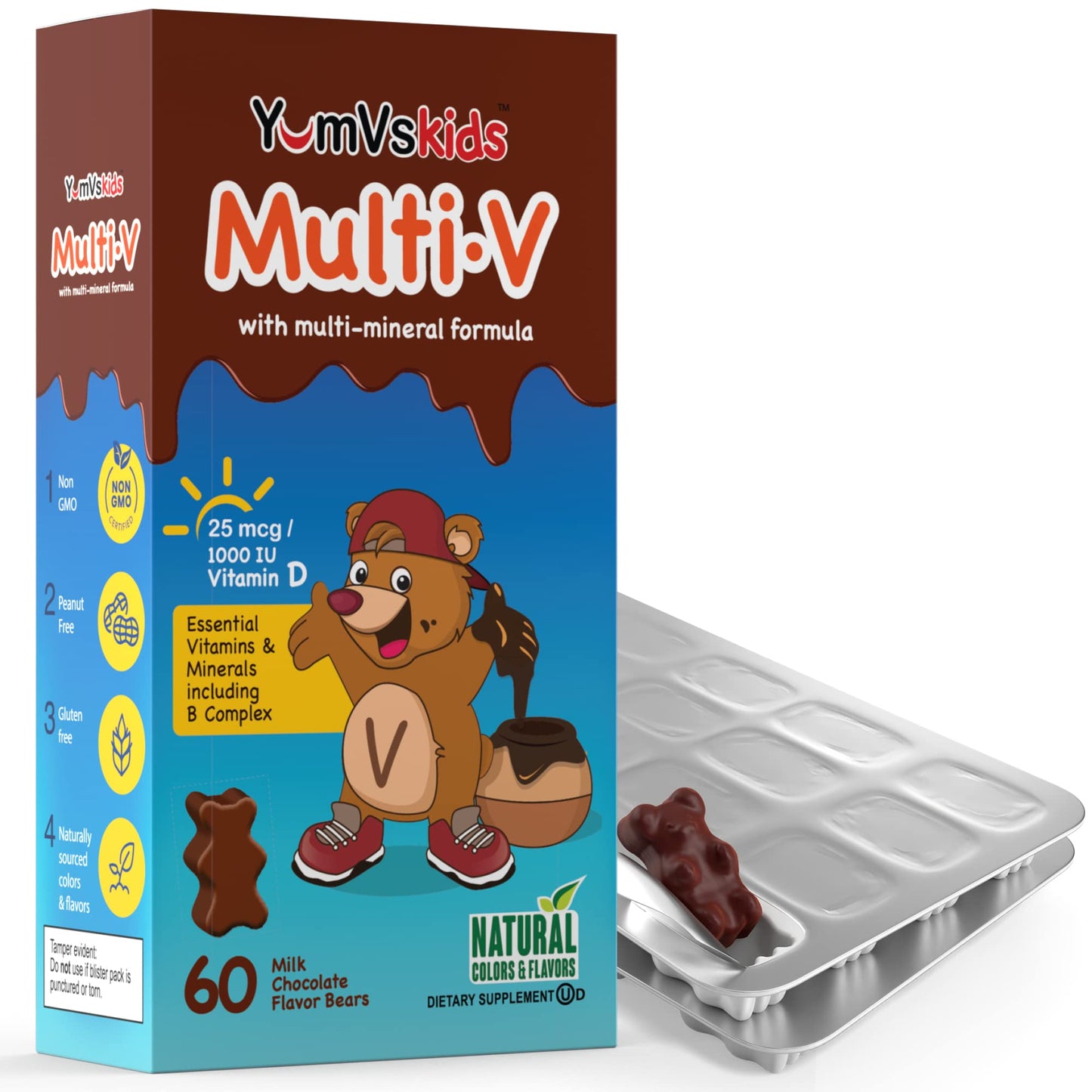 YUM-V'S Kids Multivitamin Chocolate Bears โ 60 Count, 16 Vitamins & Minerals