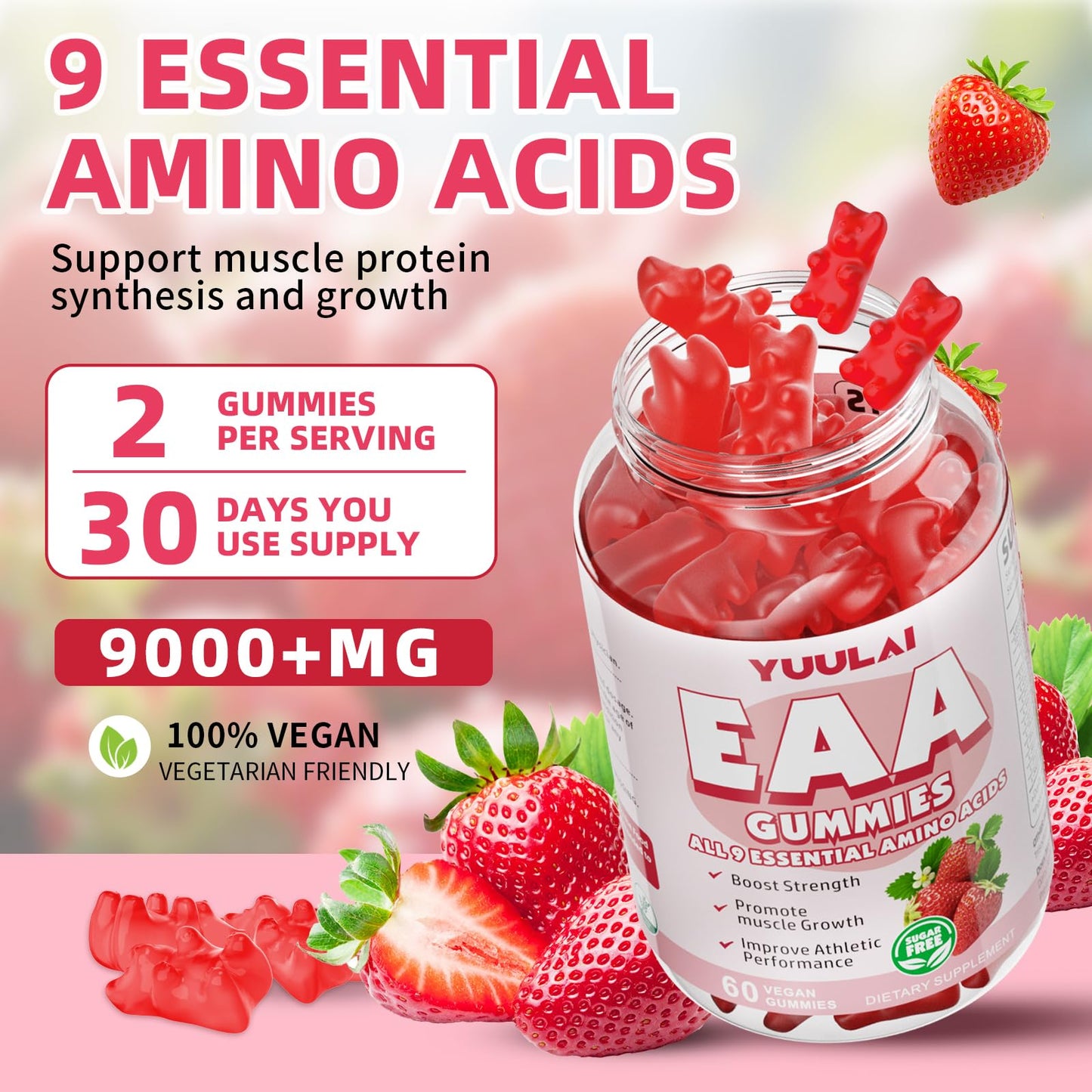 YUULAI EAA Gummies Pack (2 Bottles) โ 9 EAAs + BCAAs, Strawberry, 120 Count