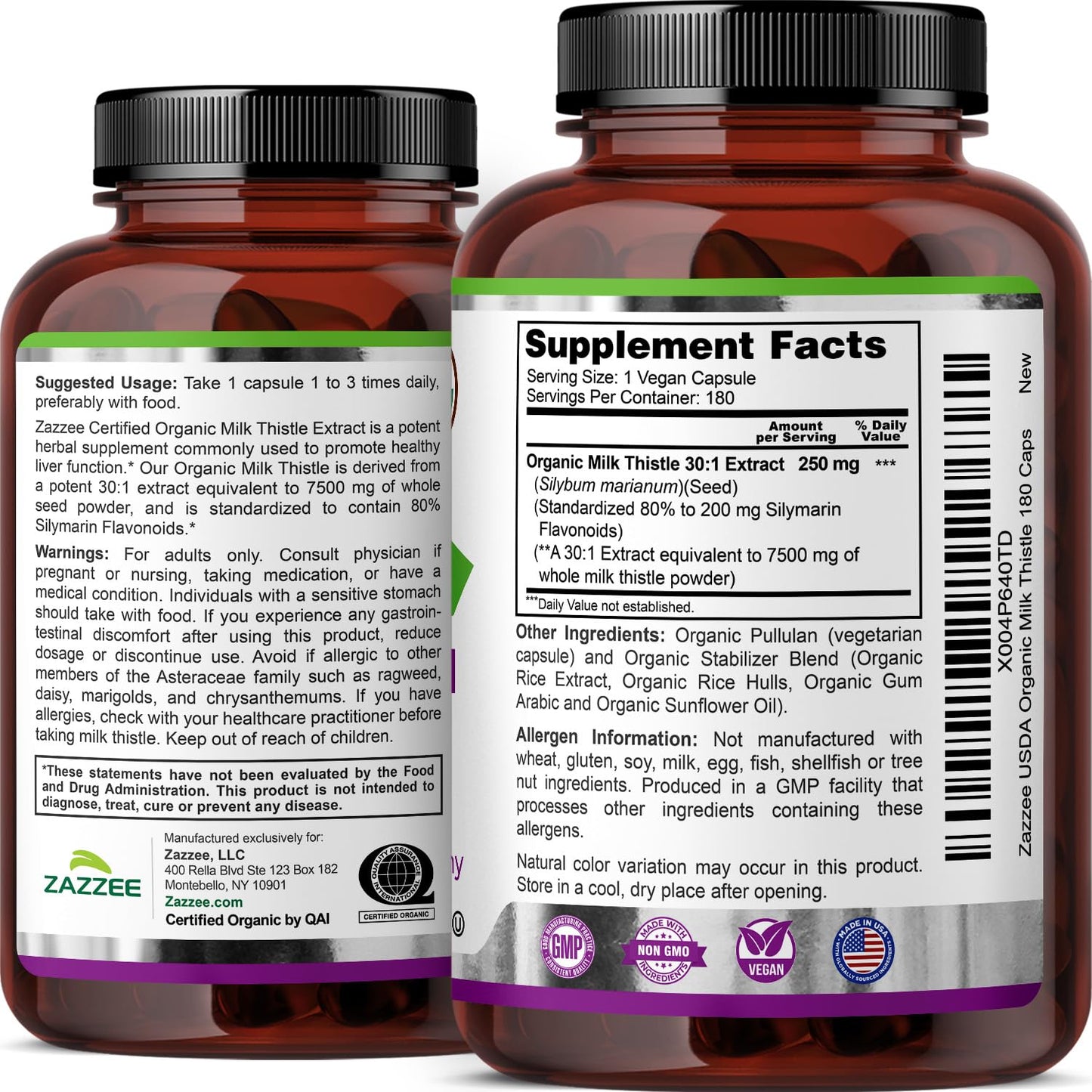 Zazzee USDA Organic Milk Thistle 30:1 Extract โ 7500 mg per Capsule, 180 Vegan Capsules, 80% Silymarin, USA Made