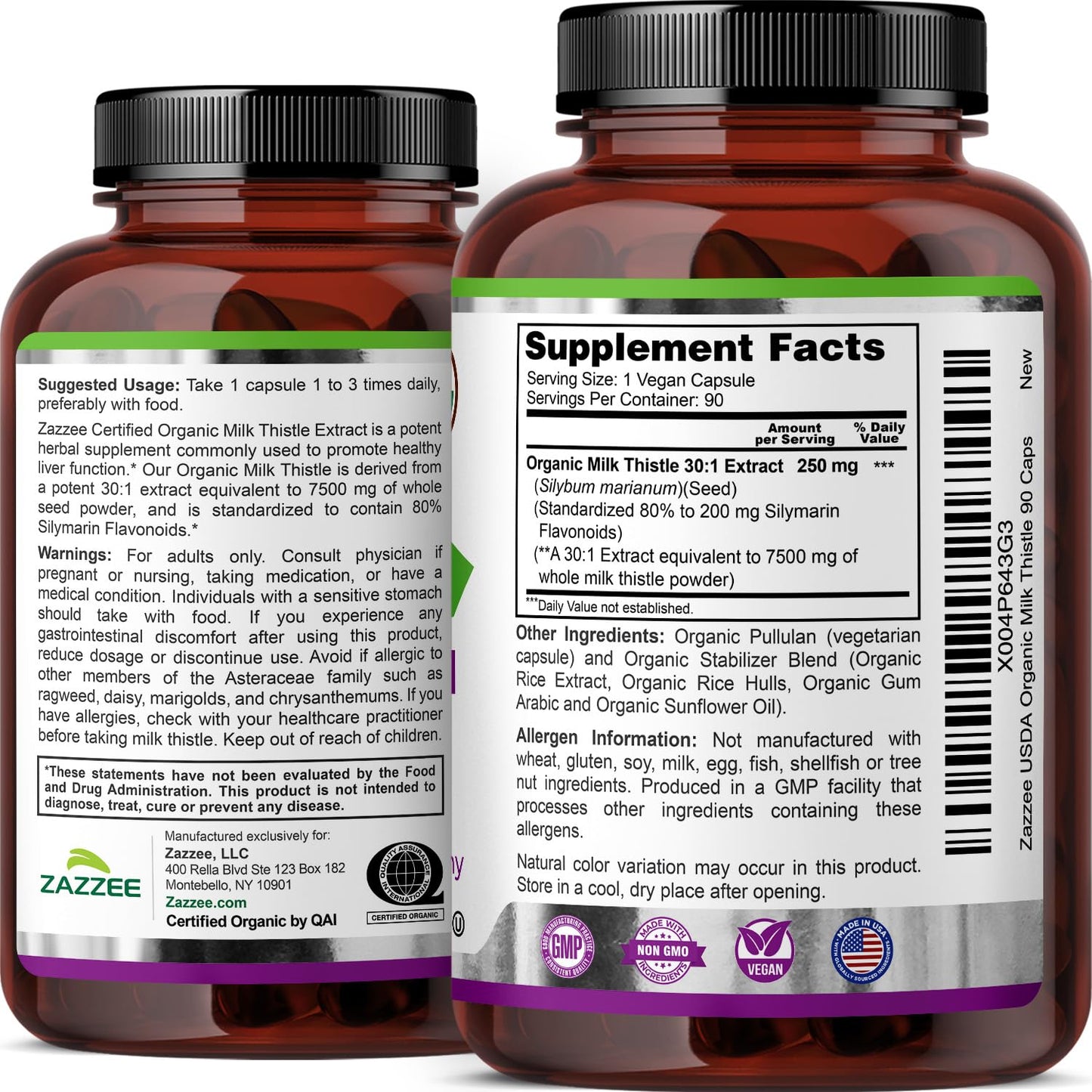 Zazzee USDA Organic Milk Thistle 30:1 Extract โ 7500 mg, 90 Vegan Capsules, USA Made