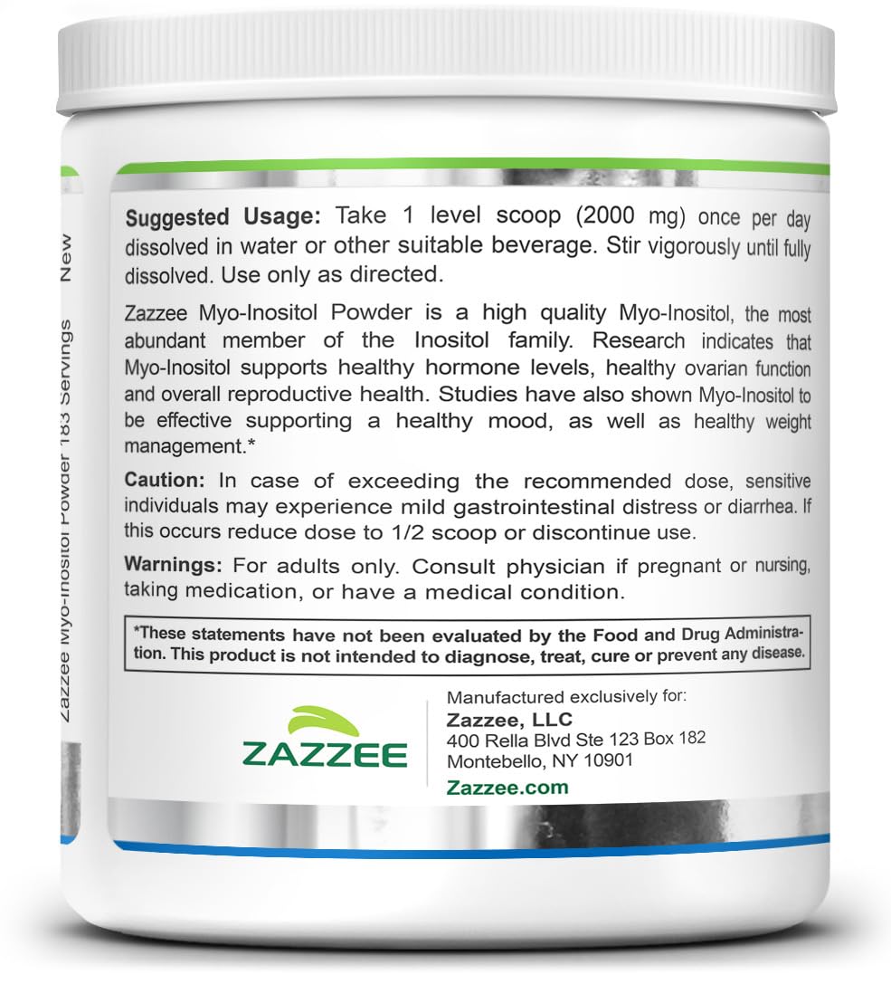Zazzee Myo-Inositol Powder β 6 Month Supply, 183 Servings, 2000 mg per Serving, Free Scoop, Vegan & Non-GMO